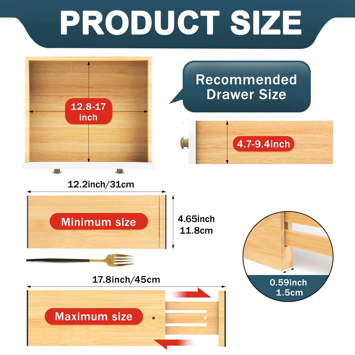 Lzerking Lot de 6 séparateurs de tiroir de cuisine réglables en bambou de 11,8 cm de haut pour vêtements (30,5 à 44,5 cm), à ressort, organiseur d'ustensiles extensible pour rangement de cuisine
