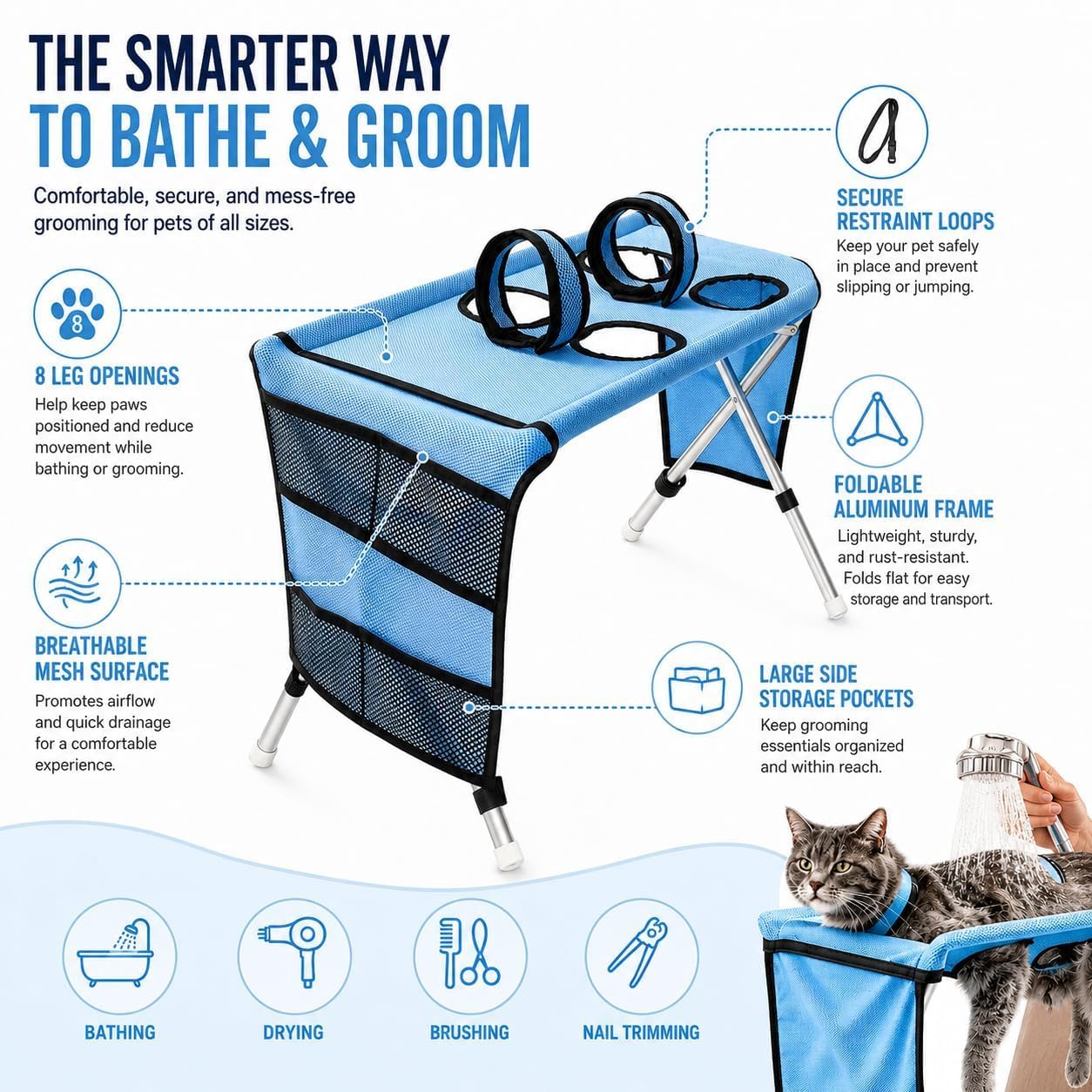 Foldable Pet Bathing Stand, 2-in-1 Dog Bath Holder with Breathable Mesh Sling and Adjustable Restraint Straps, Portable Grooming Bed for Small Dogs and Cats Washing, Nail Trimming，Black