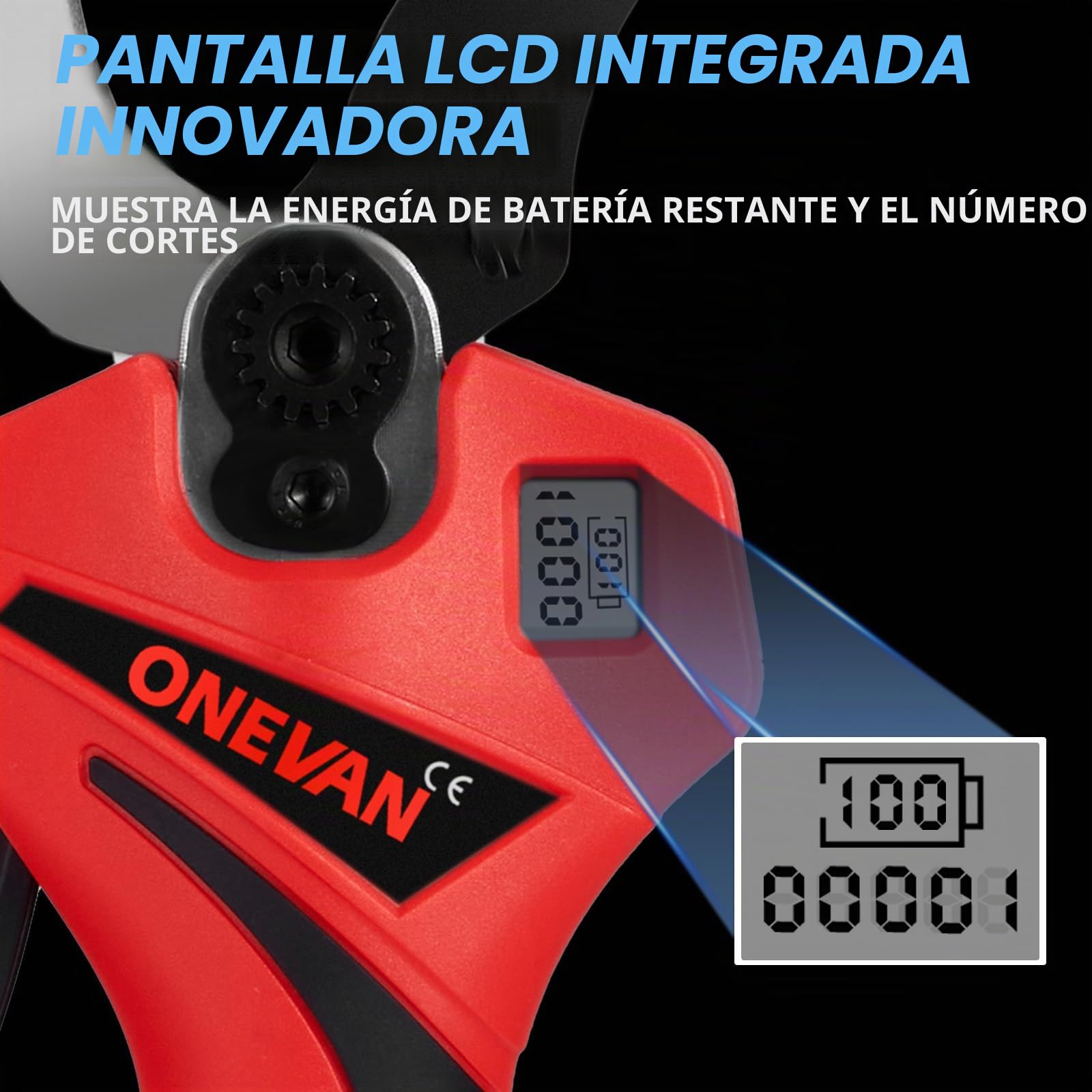 ONEVAN podadora electrica bateria, diámetro de corte de 45 mm, tijeras de podar electricas con 2 baterías de 2,0 Ah, sin escobillas, pantalla LCD, tesoura de podar para jardines