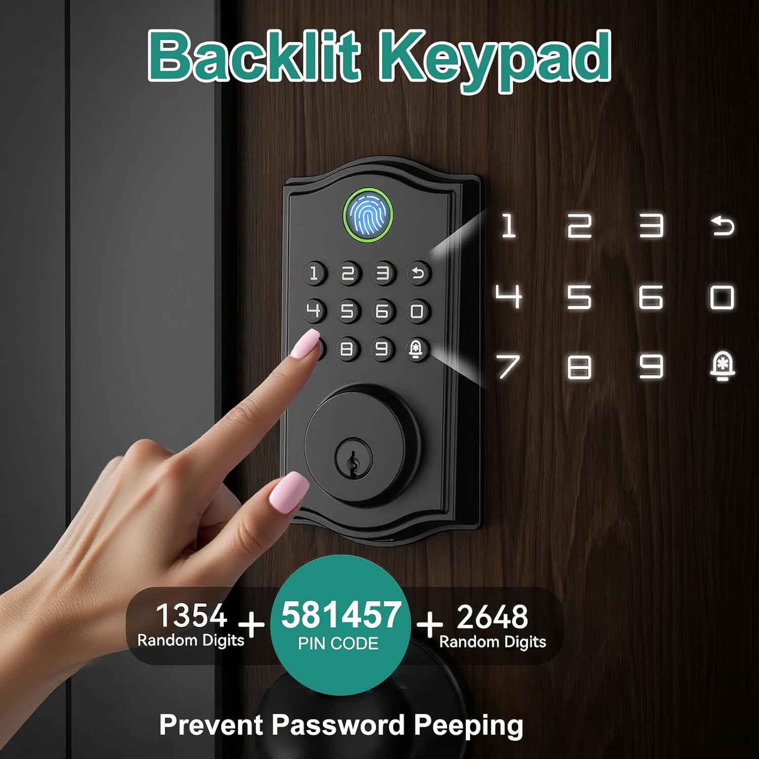 Smart Front Door Lockset, Keyless Entry Deadbolt with Handle, Fingerprint/App/Code/Key Unlock, Anti-Peeping Keypad, Auto-Lock, Easy Install