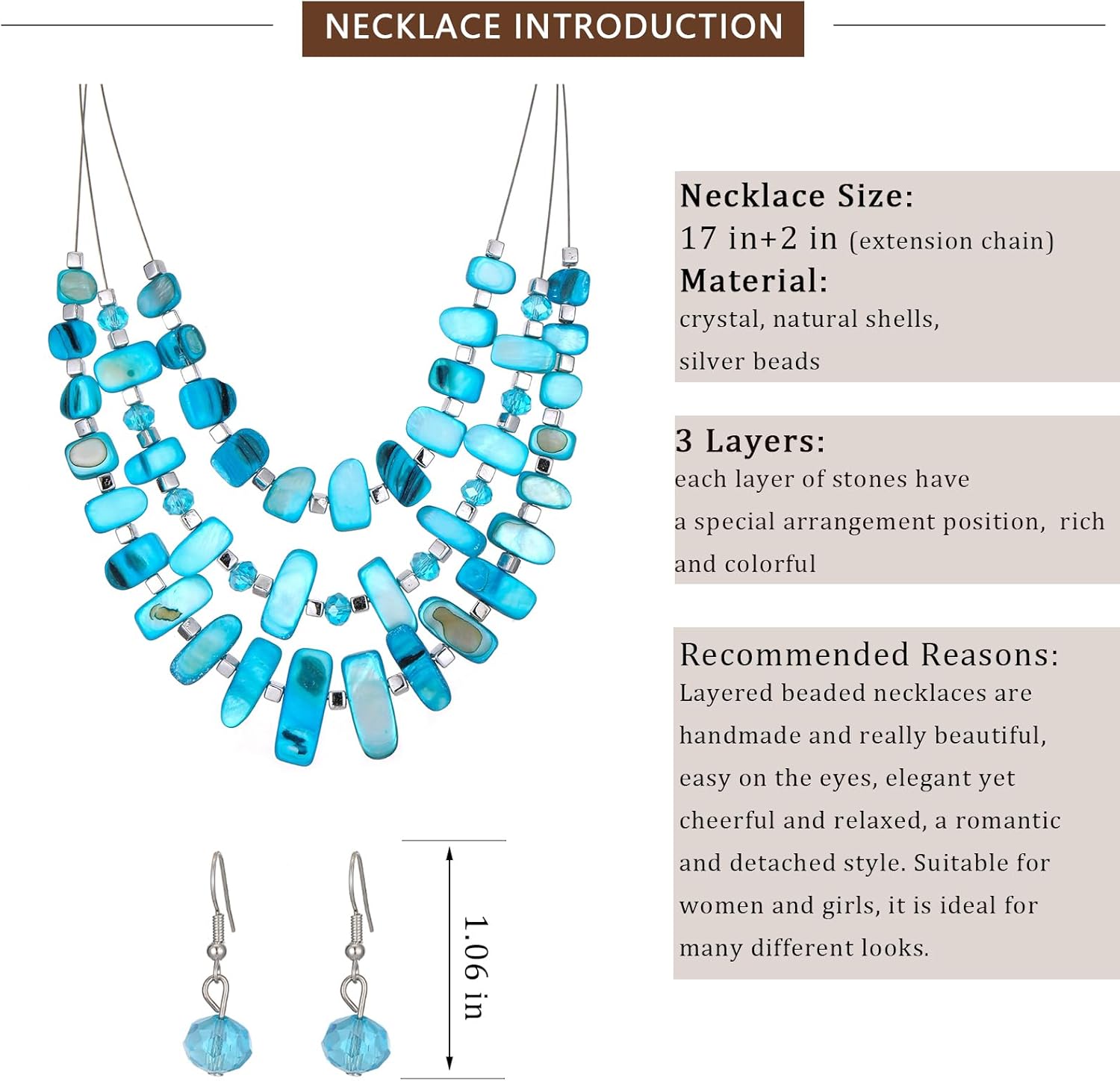 3 Layered Chunky Statement Necklace for Women Beaded Strand Necklaces with Earring Fashion Costumes Collar Necklace Jewelry Sets Gifts for Women - Image 5