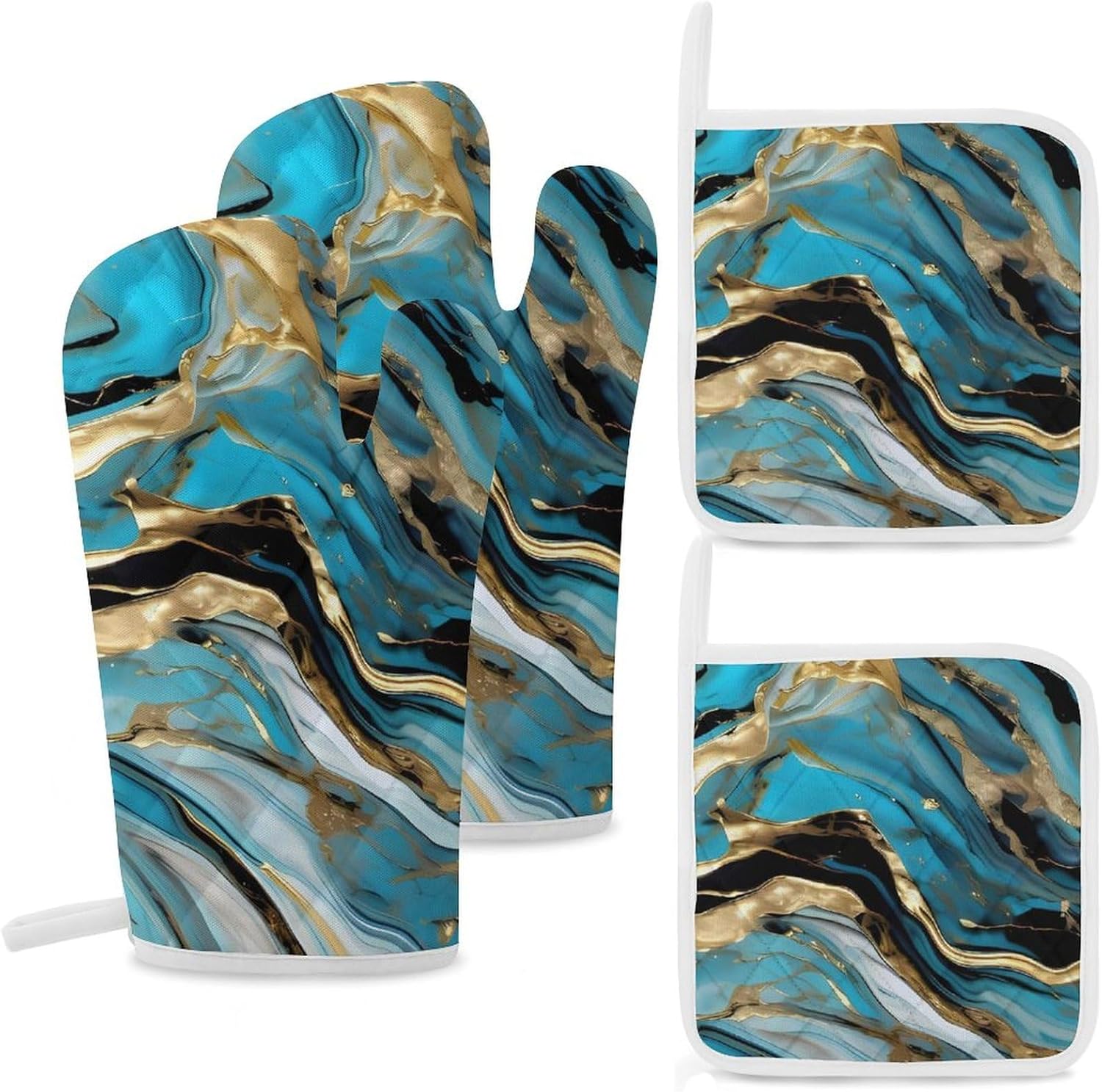 Oven Mitts Pot Holders Kitchen Turquoise Blue Gold Marble Heat Resistant Oven Glove for Baking and Cooking