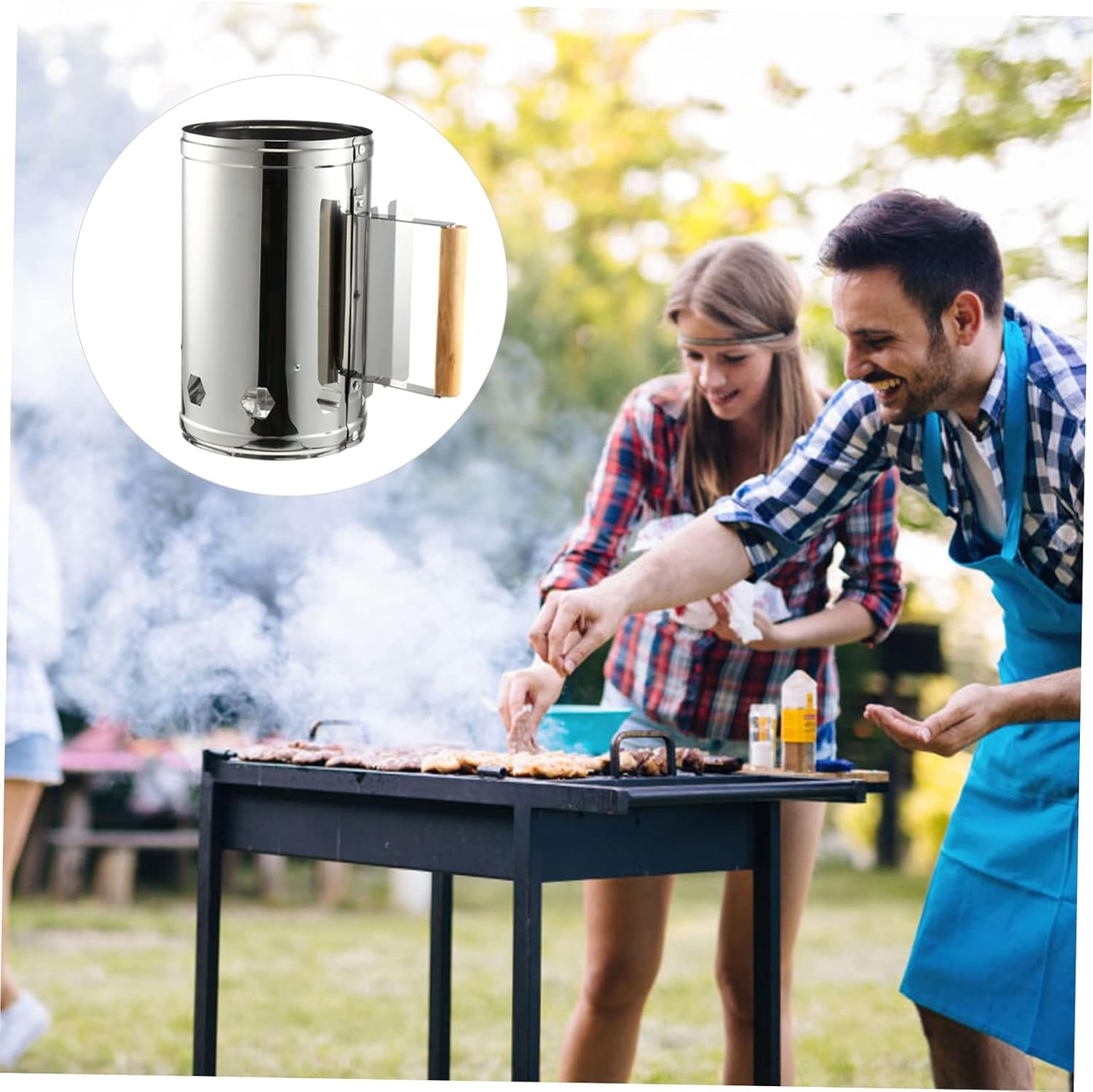 BBQ Fire Bucket Stainless Steel Chimney Starter for Grill Heat Shield Wooden Handle