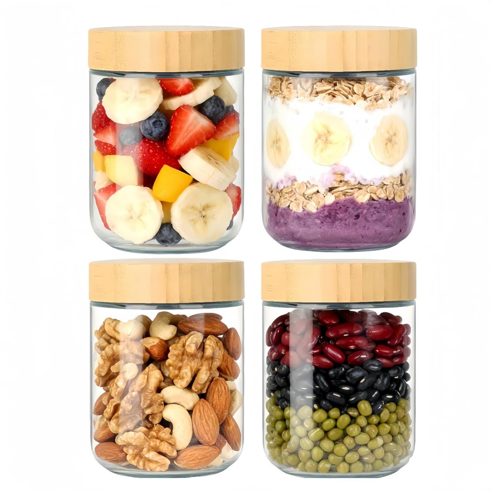 Witeygai 4 Pack Overnight Oats Jar, 16oz Glass Jars with Wooden Lids, 480ML Overnight Oats Containers for Meal Prep, Wide Mouth Glass Jars Breakfast Pots for Yogurt, Cereal, Salads, Snacks