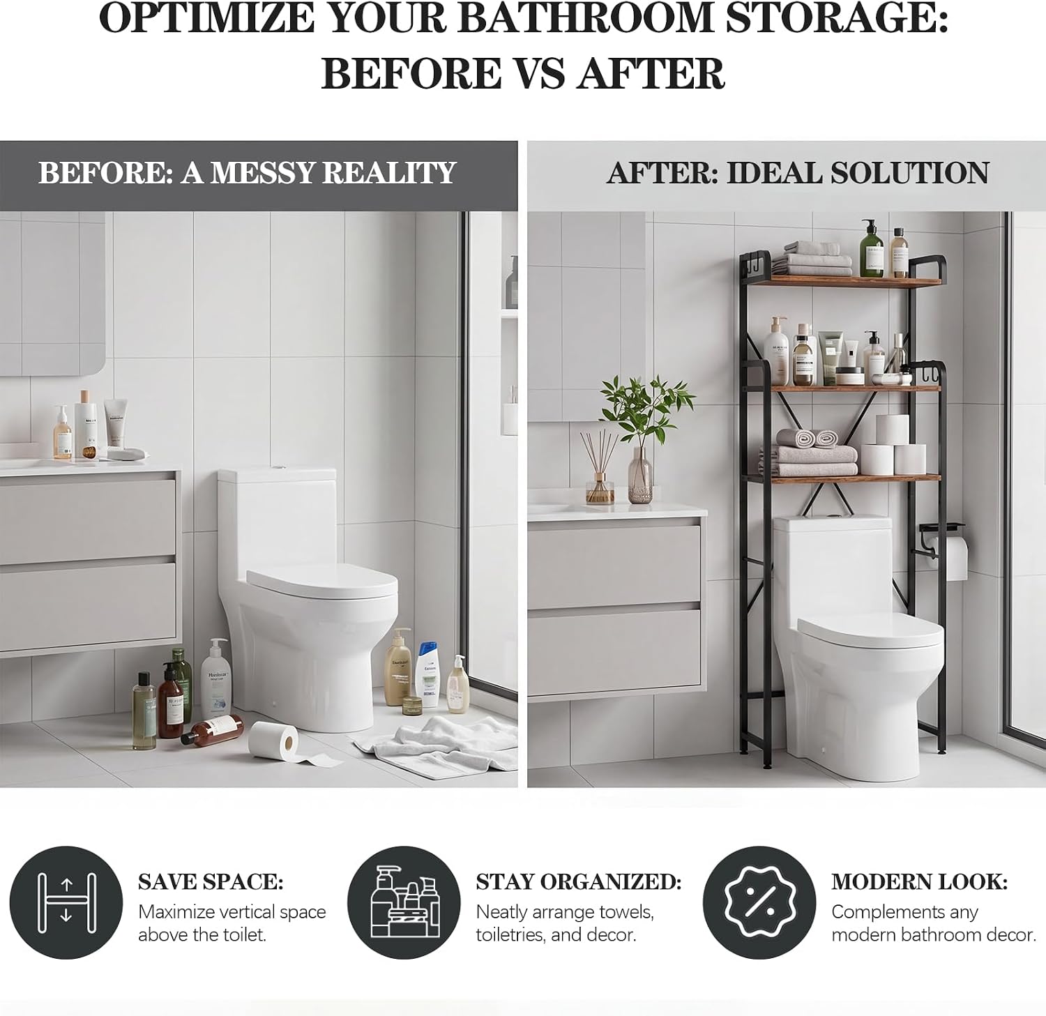 Over The Toilet Storage Cabinet, Freestanding Bathroom Shelf with Hooks