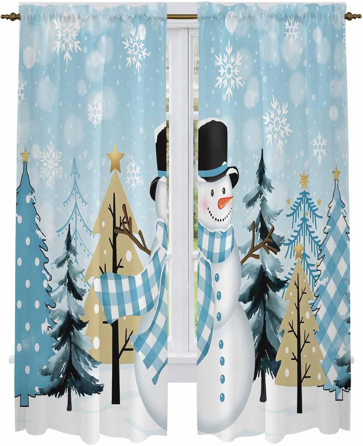 Blue Christmas Snowman Window Curtains 72 Inch Long 2 Panel Set, Rod Pocket Long Curtains & Drapes, Xmas Trees Winter Snowflake Light Filtering Window Treatment for Bedroom Living Room 52"W x 72"L