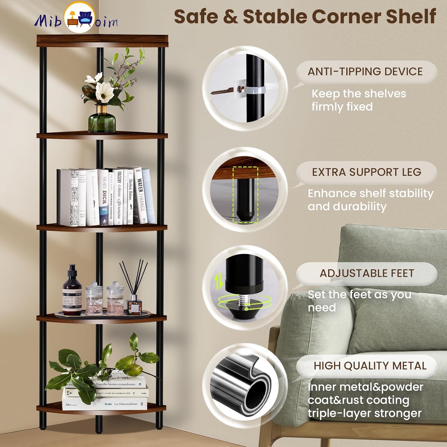 5Tier Wood Corner Shelf Stand:Tall Corner Bookshelf Storage Organizer for Living Room/Bedroom/Bathroom/Kitchen/Home Office,Display Corner Shelves for Small Space,Rustic Brown Esquineros de Sala