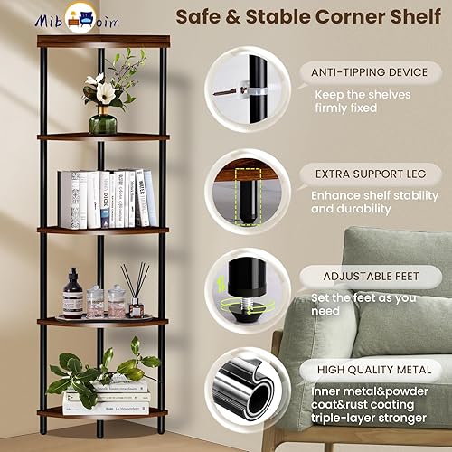 Miniatura 4 de Estante esquinero de madera de 5 niveles estantería de esquina alta para sala de estardormitoriobañococinaoficina en casa, estantes esquineros de