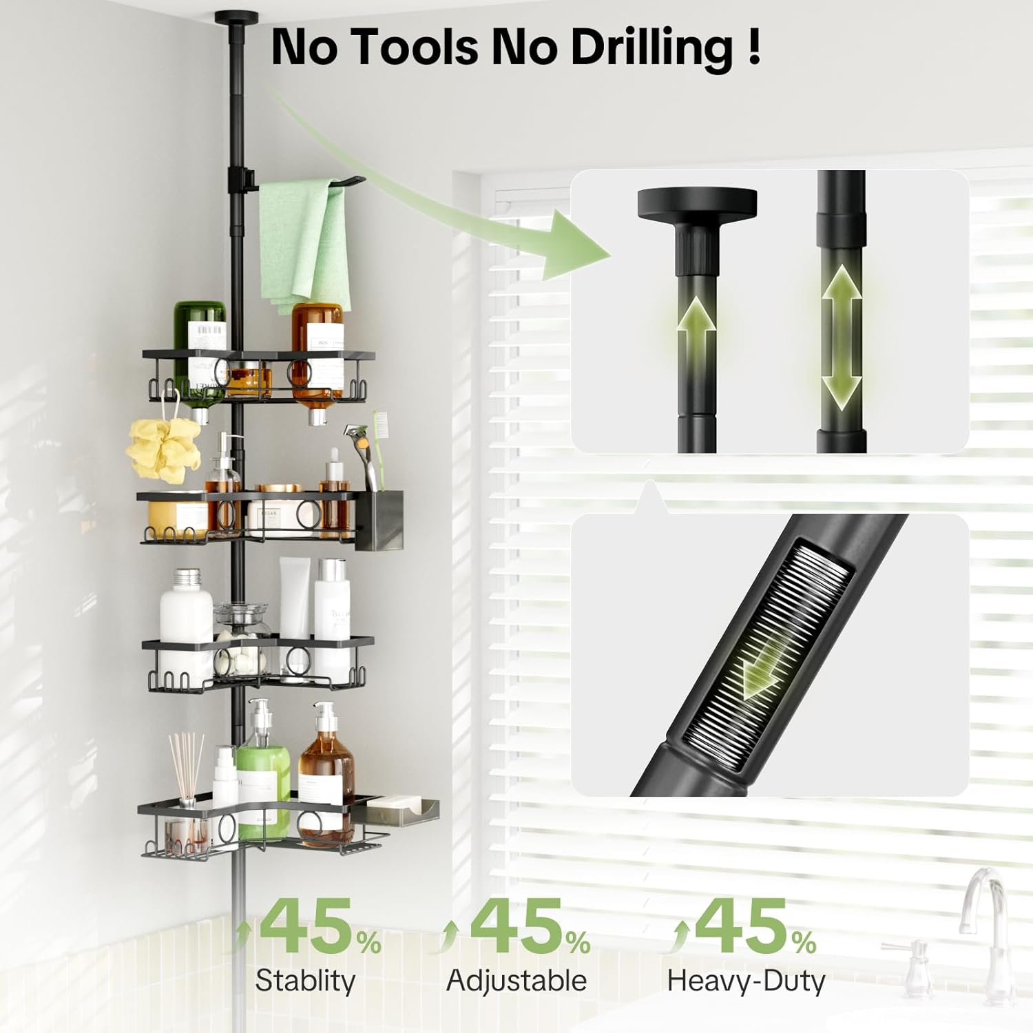 Corner Shower Caddy Tension Pole, 4 Tier Rustproof Shower Tension Rod Organizer with Soap Holder & Hooks, Adjustable 30-121 Inch Bathroom Shelf for Renters - Family Stand Storage Rack, Black