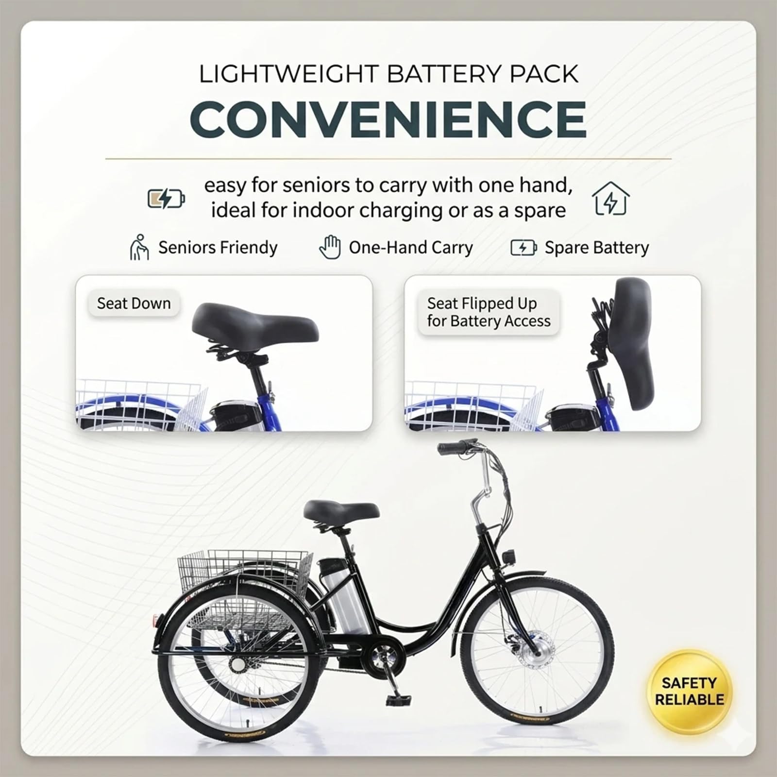 Triciclo elettrico per adulti a 3 ruote, ruote da 24", telaio ribassato, batteria rimovibile, display digitale e cestini portaoggetti per la spesa quotidiana, blu.