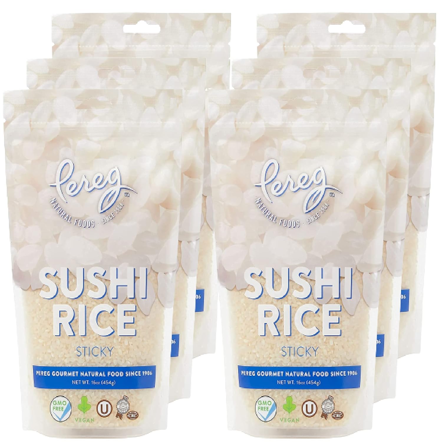 Sushi Rice (16 Oz/Bag x 6 Pack) - White Sticky Short Grain - Vegan, Non-GMO, Made In USA, Sushi, Rice Ball, And Everyday Japanese Dishes - Resealable Packaging