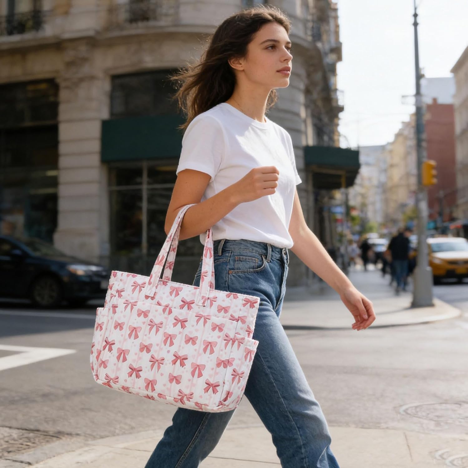 Puffy Tote Bag for Women, Cute Bow Tote, Quilted Shoulder Bag, Large Handbag for Travel Work Gym - Image 3