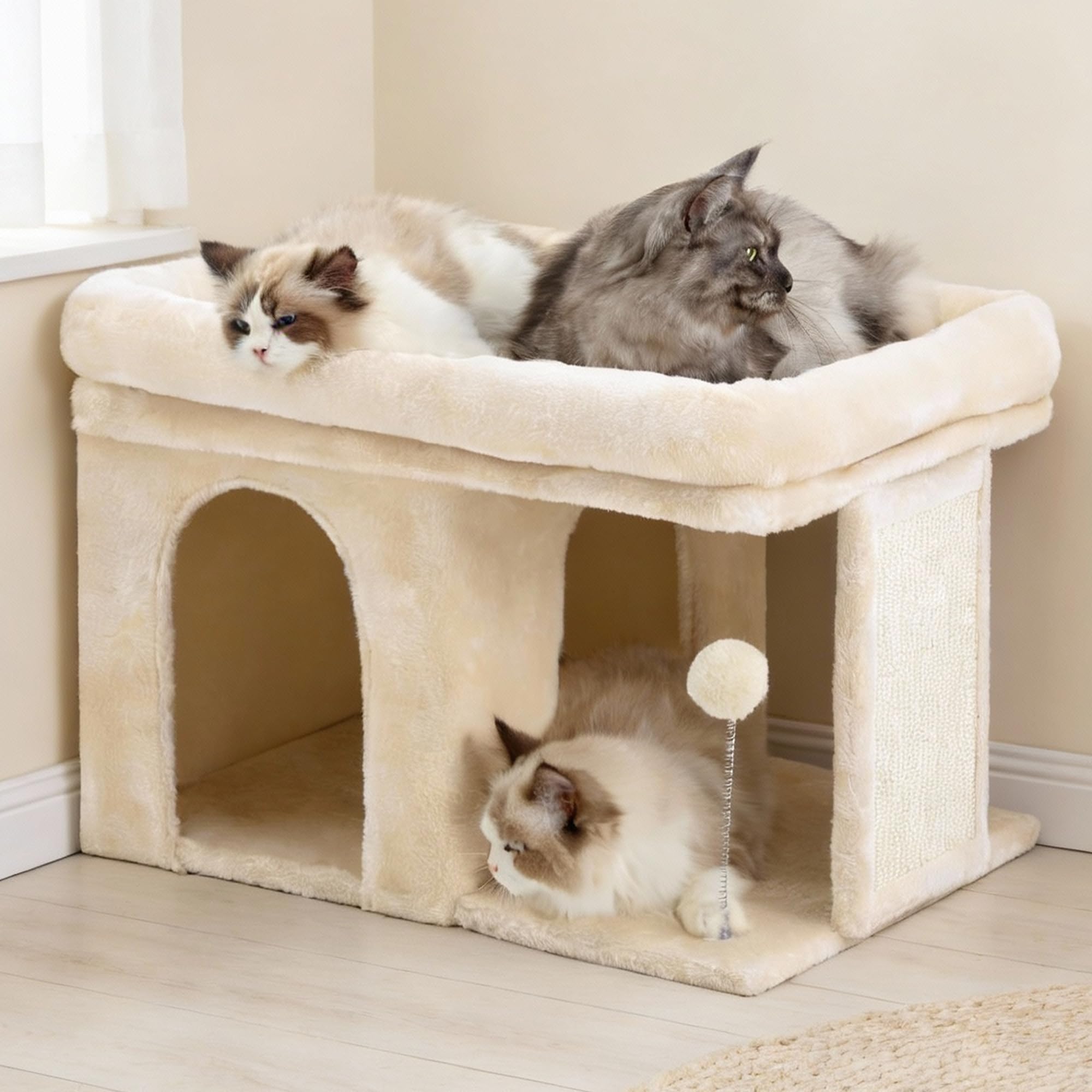 Heybly Cat Tree, 35cm Cat Tower with Large Perch Bed and Cat Condo for Indoor Cats Large Adult, Cat House with Scratching Posts and Interactive Spring Balls for Your Kittens, Beige HCT203SM