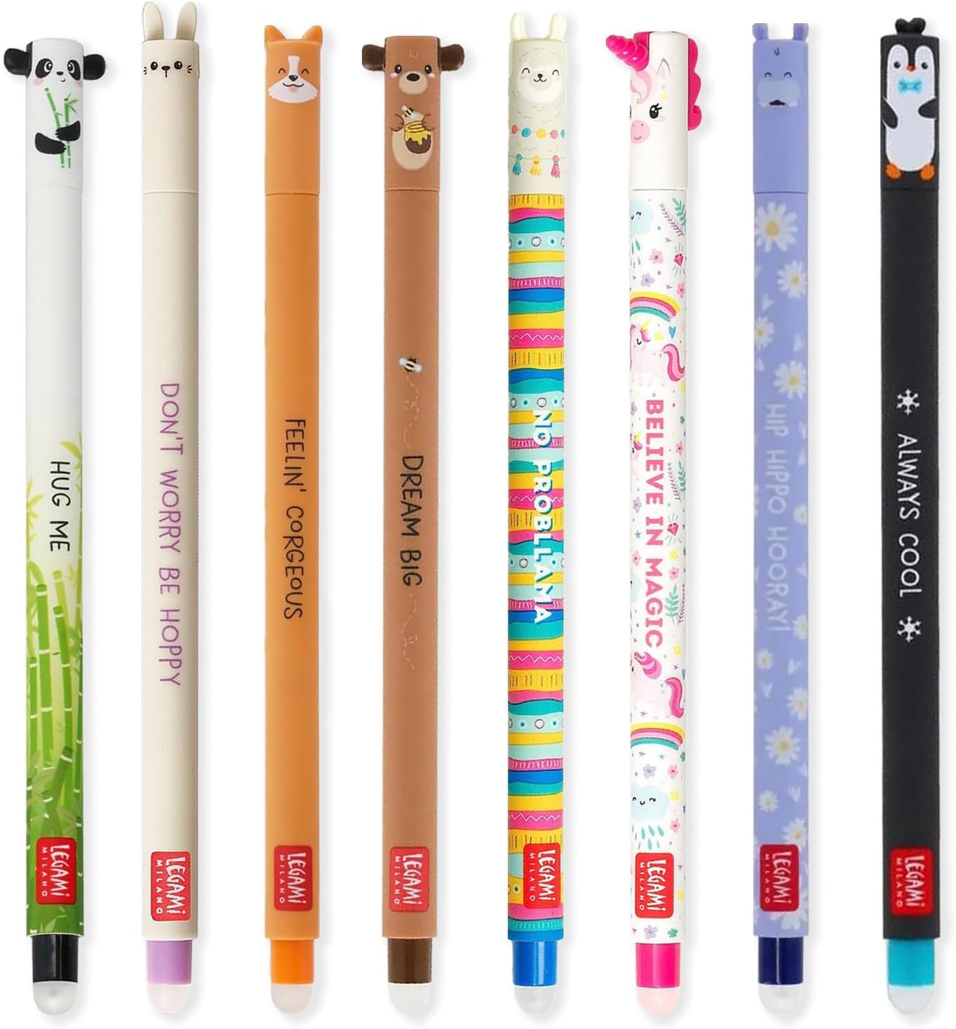 LEGAMI - Set of 8 Erasable Gel Pens with Thermosensitive Erase Ink, Range of ink colours & barrel designs, 0.7mm Tip, Panda, Bunny, Corgi, Teddy, Llama, Unicorn, Hippo, Penguin Designs