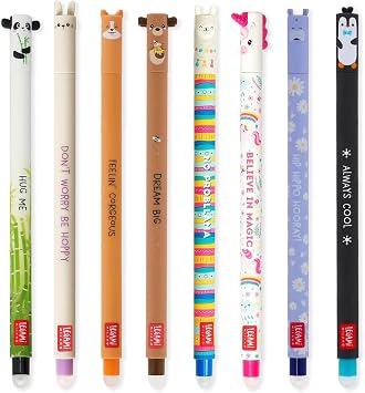 LEGAMI - Set of 8 Erasable Gel Pens with Thermosensitive Erase Ink, Range of ink colours & barrel designs, 0.7mm Tip, Panda, Bunny, Corgi, Teddy, Llama, Unicorn, Hippo, Penguin Designs