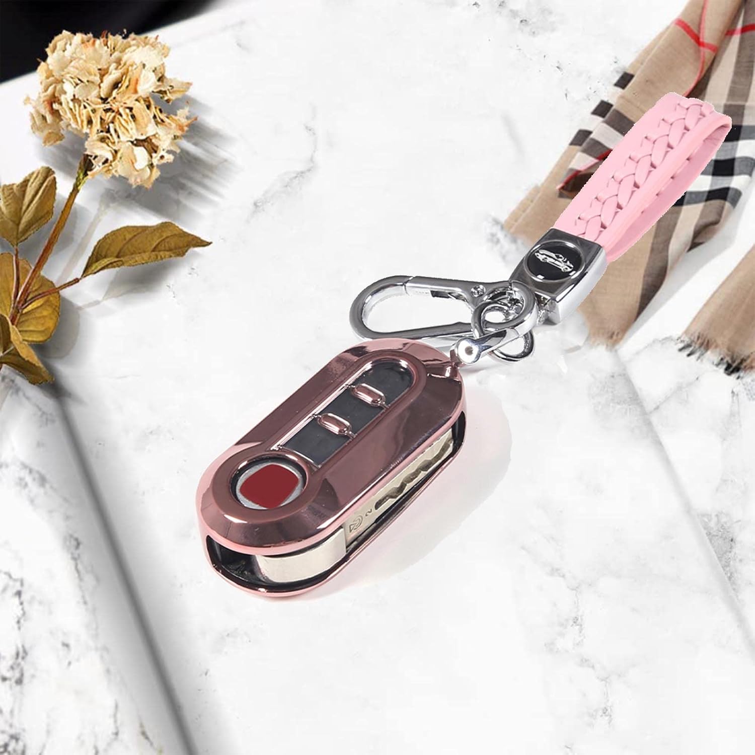 TPU Car Key Fob Shell Cover,Braided Leather Car Key Fob,with Installation Tool,Compatible with Fiat 500/Bravo/Linea Car Key Protector Case,Key Fob Cover (Gold Pink)