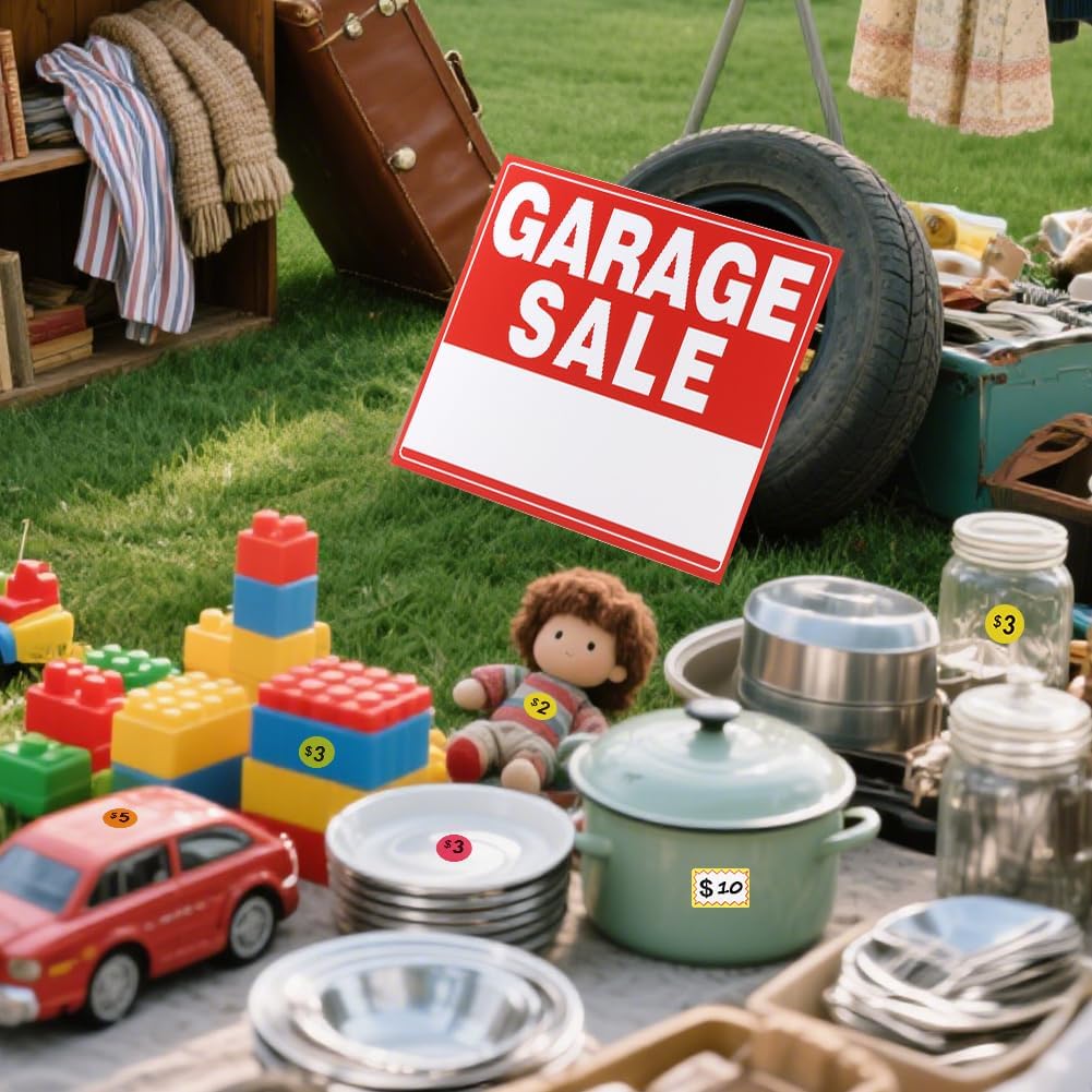 Garage Sale Signs, 5 Pack Estate Sale Signs Double-Sided Plastic Garage Sal-e Sign s With Stakes, 560 Yard Sales Price Stickers, Directional Arrows Sign, Garag-e Sale Supplies