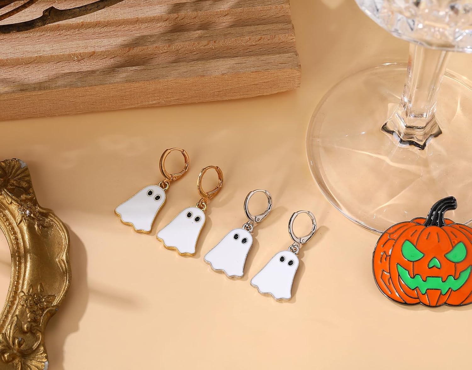 2 Pairs of Halloween Ghost Hoop Earrings for Women Gold and Silver Huggie Drop Earrings Cute Funny Holiday Earrings - Image 3