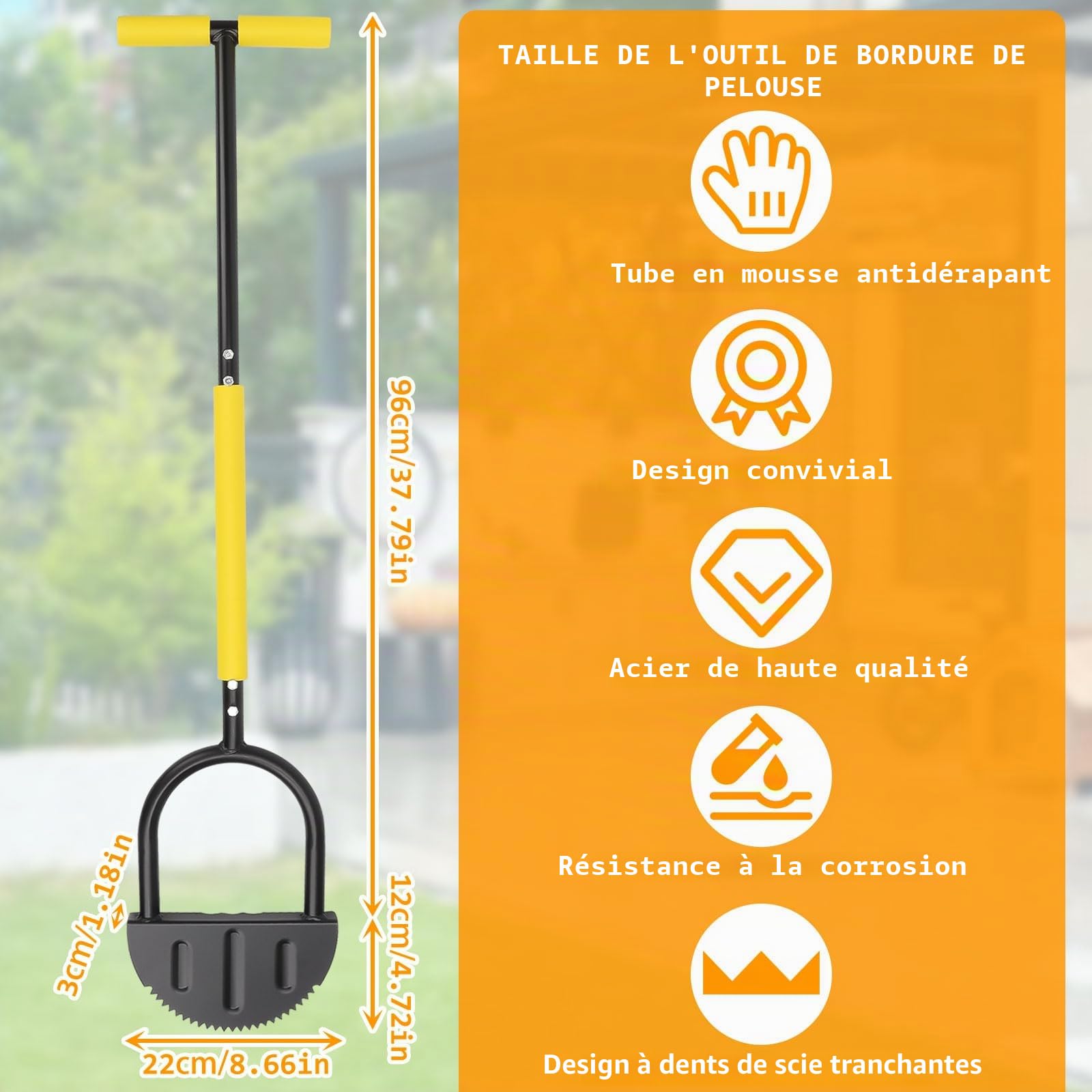 Coupe Bordure Manuel,108 cm Coupe Bordures Pelouse Manuelle, Forme en Demi-Lune en Acier au Carbone, avec Réglable Poignée en T Outil Bordure Jardin, pour Paysages Allées Terrasses
