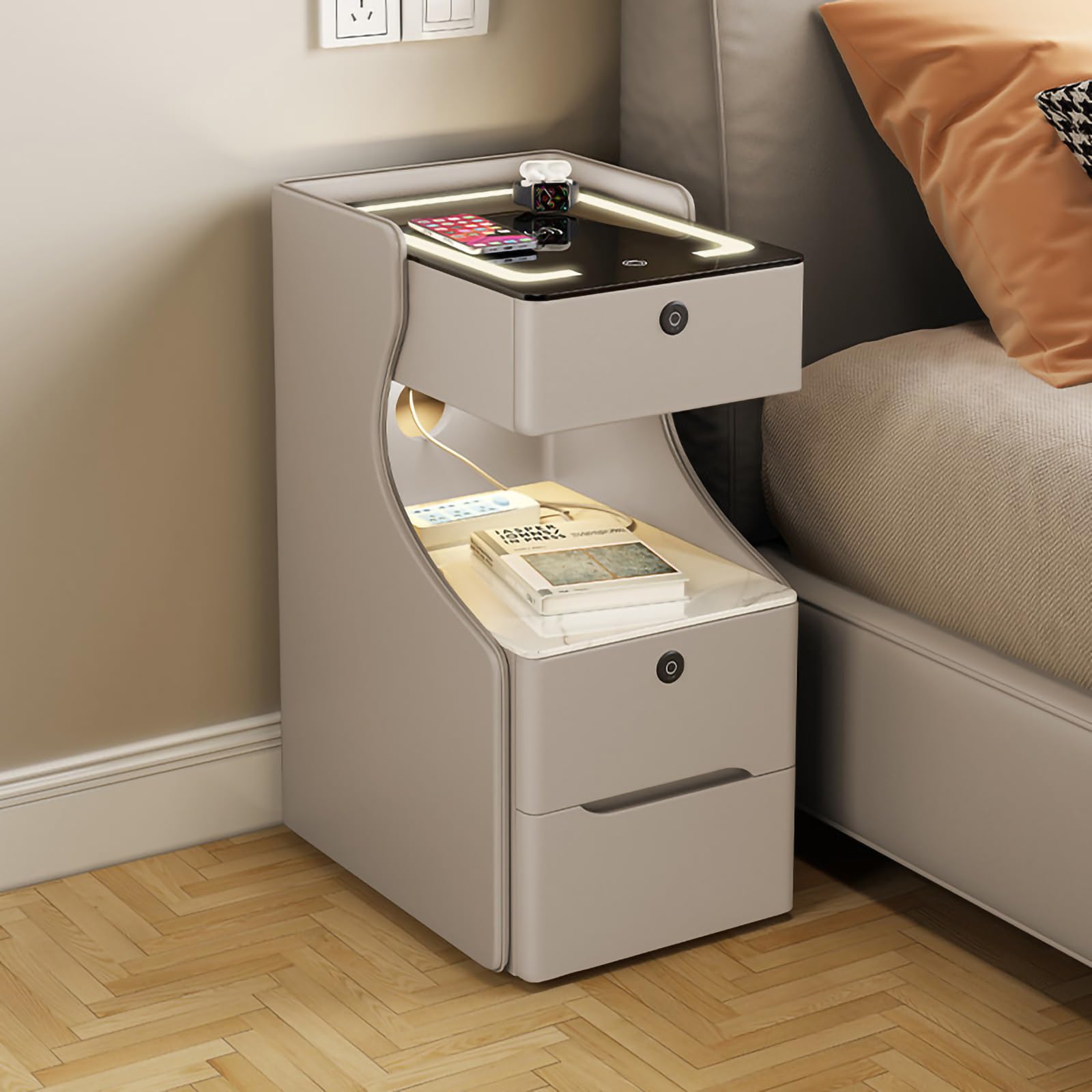 FCHZJCZYT Smart Nightstand with Wireless Charging, Modern Fluted Nightstand W/ Charging Station, Combination Lock Induction Light Strip, Solid Wood for Bedroom Living Room,Khaki,40*40*63cm/16*16*25"