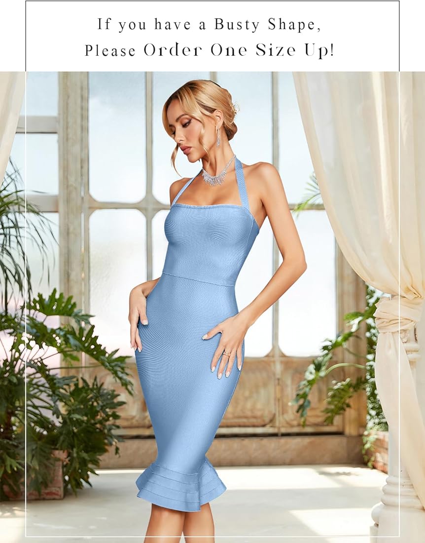 Buy houstil Women's V Neck Halter Fishtail Bandage Bodycon Dress Party (XL,  Ice Blue) at Amazon.in