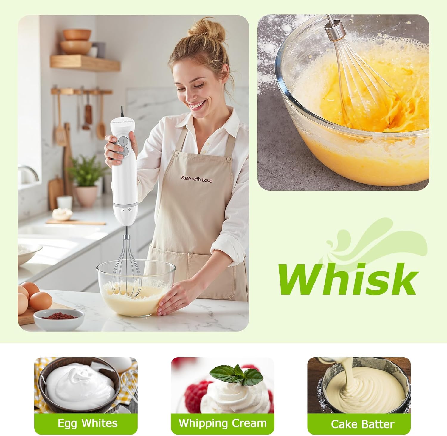 Bonsenkitchen Hand Blender, Immersion Blender with 2 Mixing Speed, 4-In-1 Handheld Stick Mixer with Egg Whisk, Beaker & Chopper Bowl for Baby Food, Soups, Smoothies, White