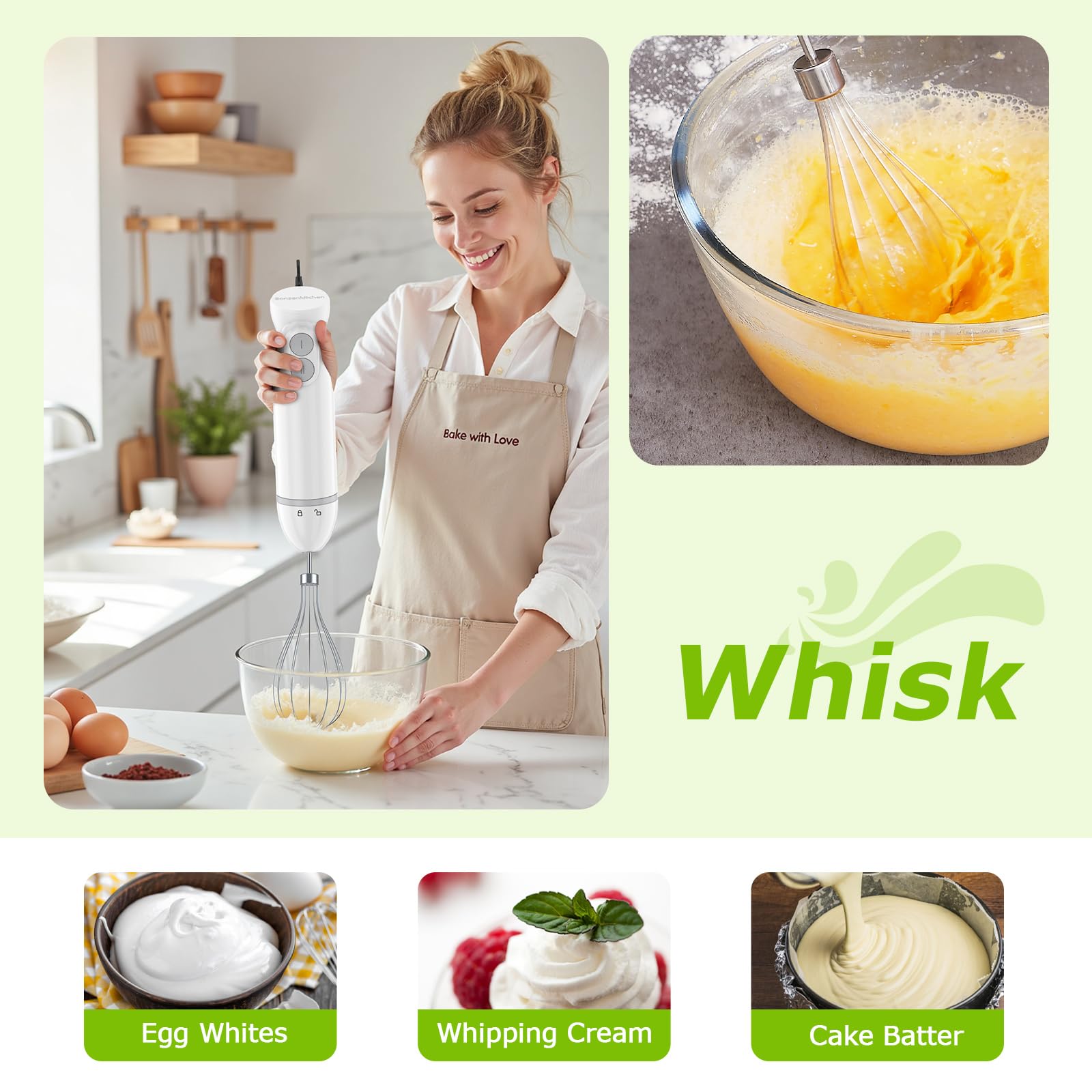 Bonsenkitchen Frullatore a mano con 2 velocità di miscelazione, 4 in 1 in acciaio inox con frusta, tazza e ciotola, bianco