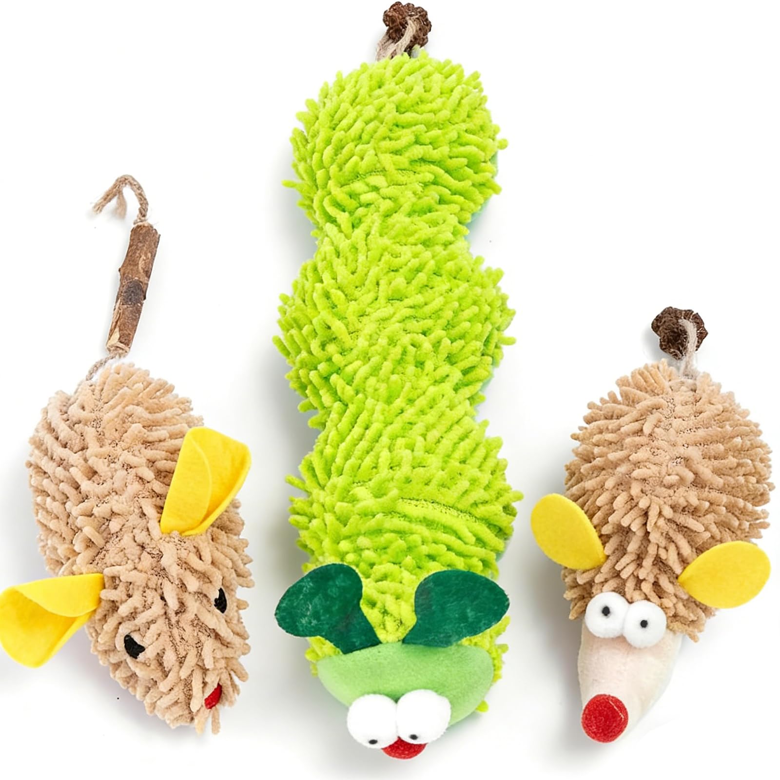 TreeTribe Cat Catnip Toy for Indoor Cats,Fluffy Cat Chew Toy Soft and Durable for Teeth Cleaning Bite-Resistant Plush Caterpillar,Mouse,Hedgehog Design, Dental Health Benefits (3 PCS)