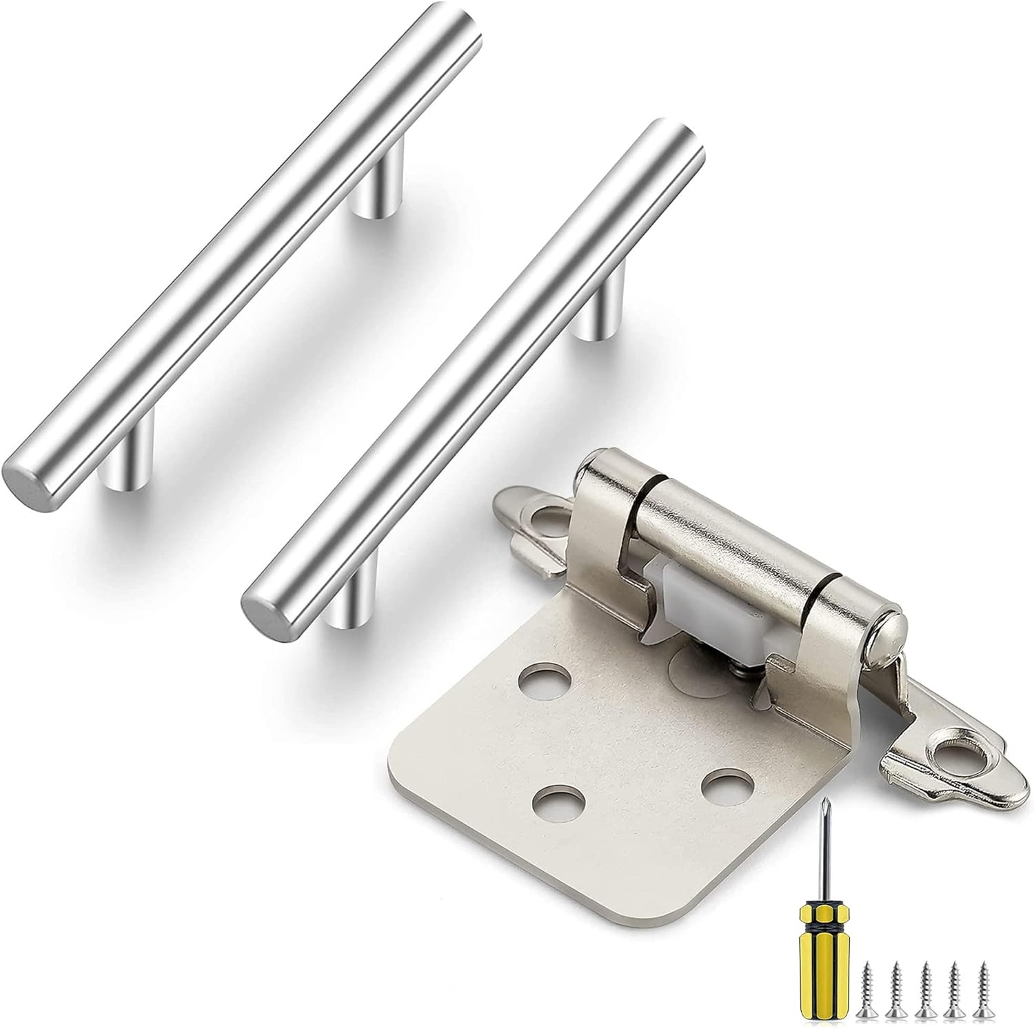 Ravinte 30 Pack 6" Brushed Nickel Kitchen Cabinet Pulls & 50 Pack 25 Pairs 1/2 inch Overlay Satin Nickel Semi-Concealed Cabinet Door Hinges with Door Bumpers, Screwdriver
