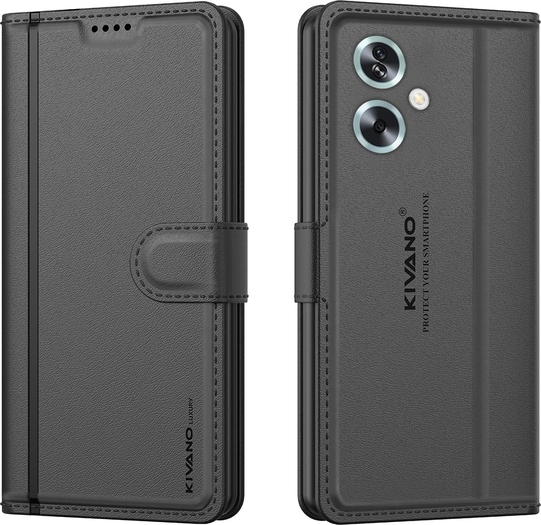 Compatible for Oppo A79 5G Luxury Handmade Leather Magnetic Flip Folio Case | Card Holder & Kickstand | Slim Protective Cover | Unisex – Black