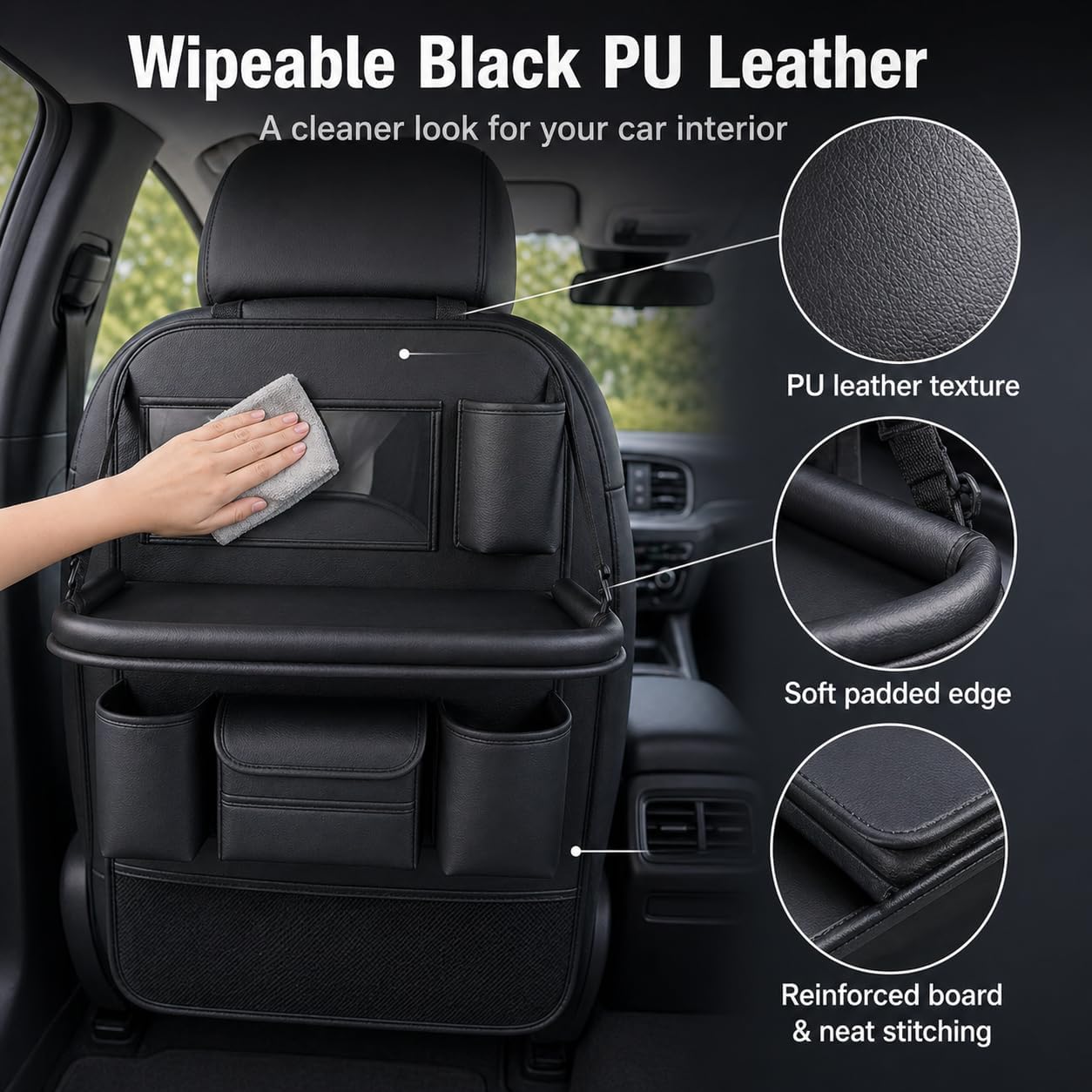 Backseat Car Organizer with Tray, PU Leather Back Seat Organizer, Foldable Seat Back Storage with Tissue Holder, Cup Holders for Family Road Trips, Black, 2 Pack