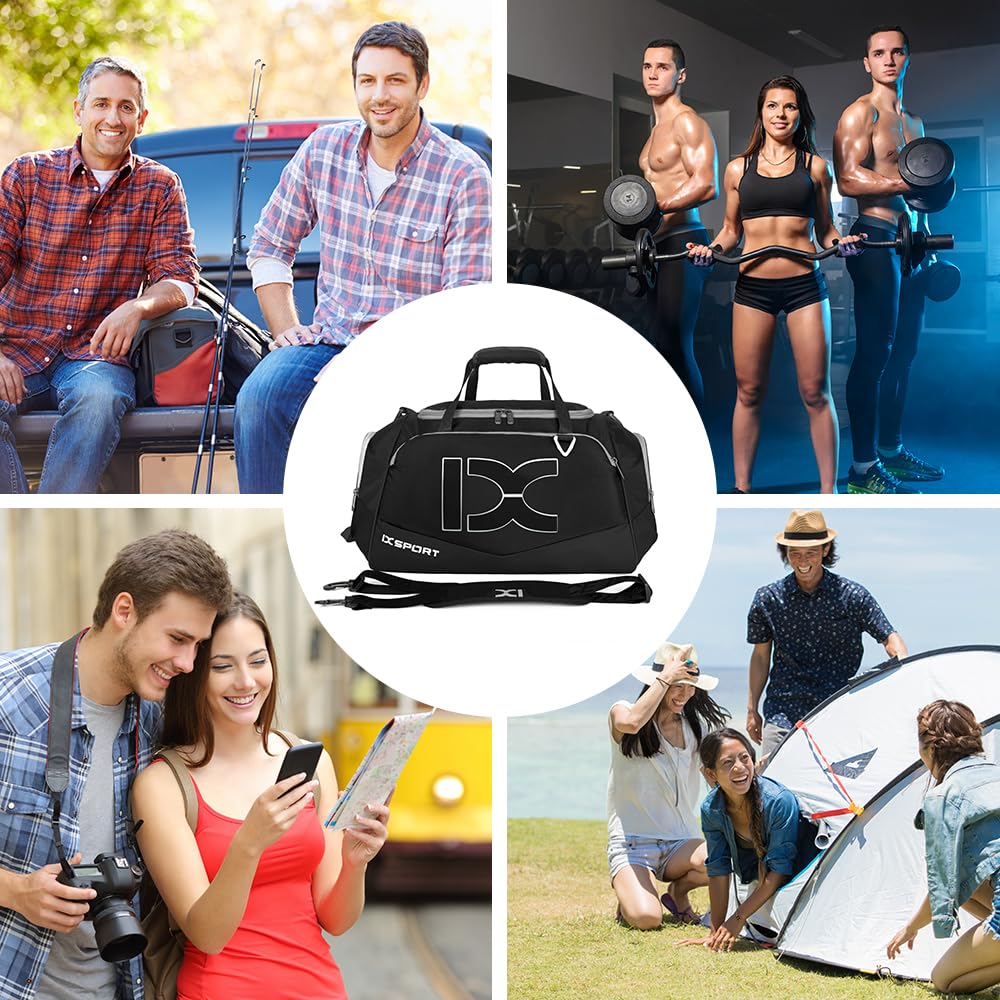 INOXTO Grands Sports Pliables Voyage en Bas avec Une Poche Humide Et SèChe Et Un Compartiment à Chaussures, Week-End Pendant La Nuit Camping Down Sac pour Hommes Et Femmes (Noir et Blanc)