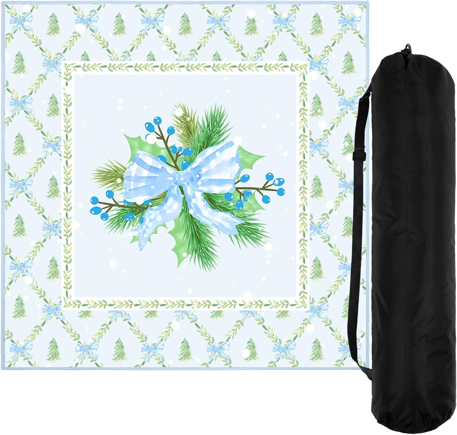 Snowy Green Pine Needle Wreath Christmas Mahjong Mat Wonderland Mahjong Table Mat with Carrying Bag 31.5" x 31.5" Cute Aesthetic Anti Slip Noise Reduction Game Table Cover for Poker Card Board