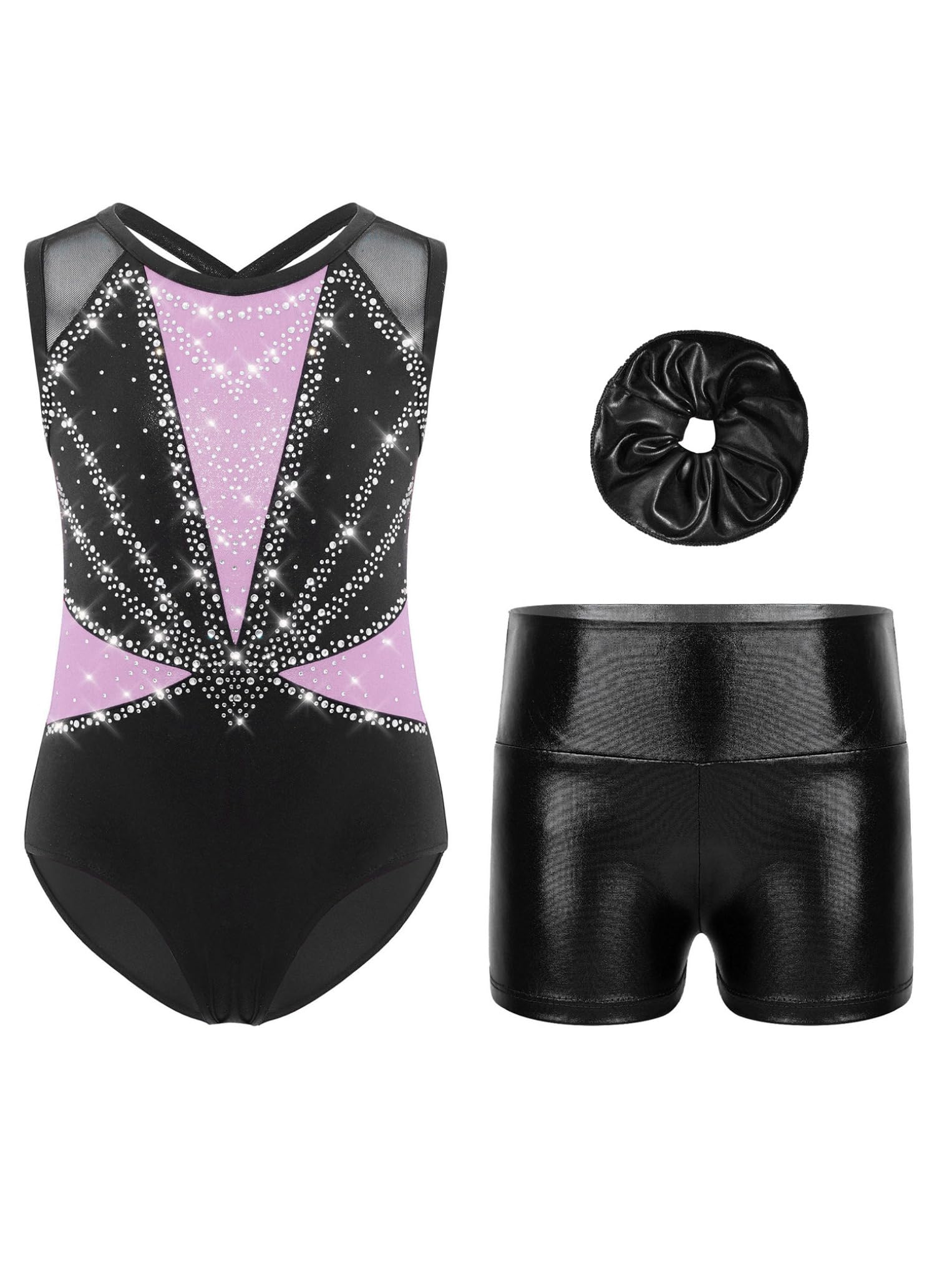 Oyolan Enfant Fille Justaucorps Short Gymnastique Leotard Danse sans Manches Strass Ensemble Tenue Patinage Artistique