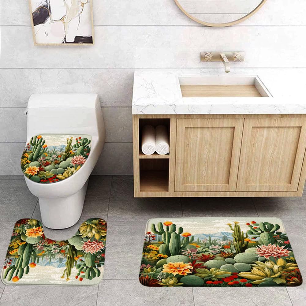Cactus 3 Pcs Bath Rugs Set,Tropical Succulent Plant Green Cacti Flower Mountain Desert Landscape Modern Boho Bathroom Kitchen Rug with 17.8