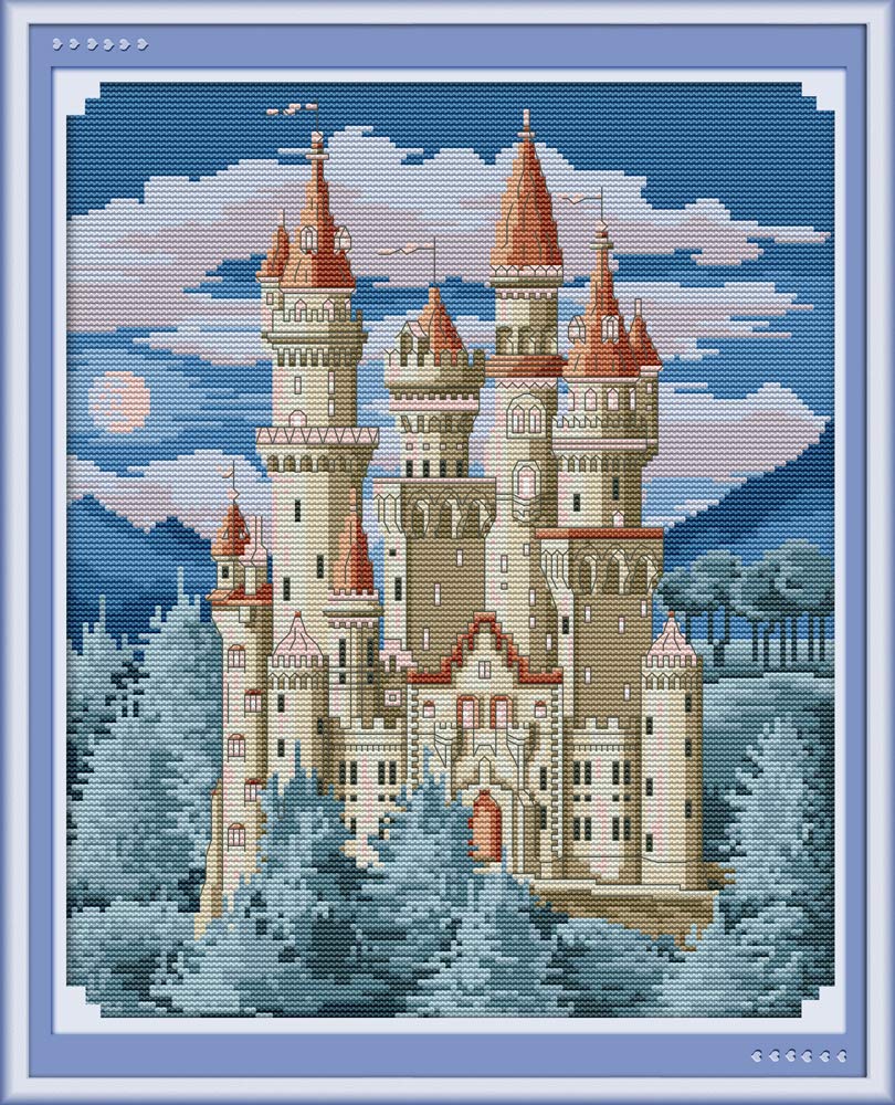 Wowdecor Castle Cross Stitch Embroidery Kits For Adults Kids, Building Landscape 11Ct Stamped Diy Dmc Needlework Easy Beginners