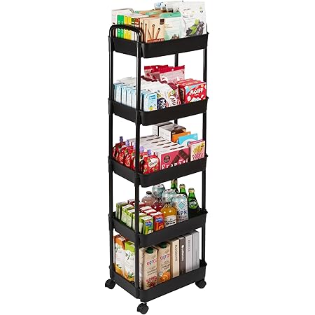 Vtopmart 5 Tier Rolling Cart with Wheels, Detachable Utility Storage Cart with Handle and Lockable Casters, Storage Basket Organizer Shelves, Easy Assemble for Bathroom, Kitchen, Black