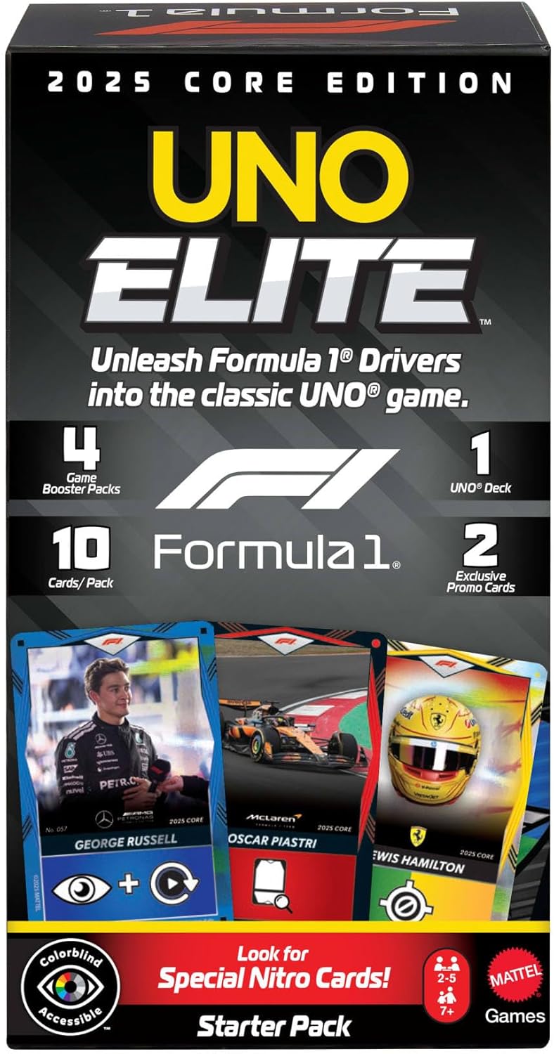 Mattel Games UNO Elite Formula 1 2025 Core Edition Starter Pack Card Game with 4 Game Booster Packs & 2 Promo Cards for Kids, Fans, Families & Game Night