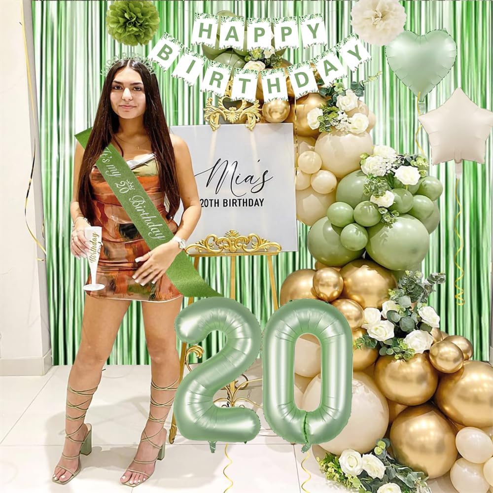 20th Birthday Decorations, Sage Green 20th Bday Decorations for Women Happy Birthday Banner Green Gold Balloons Crown Sash Fringe Curtain Tablecloth Cake Topper for Bday Decor - Image 6