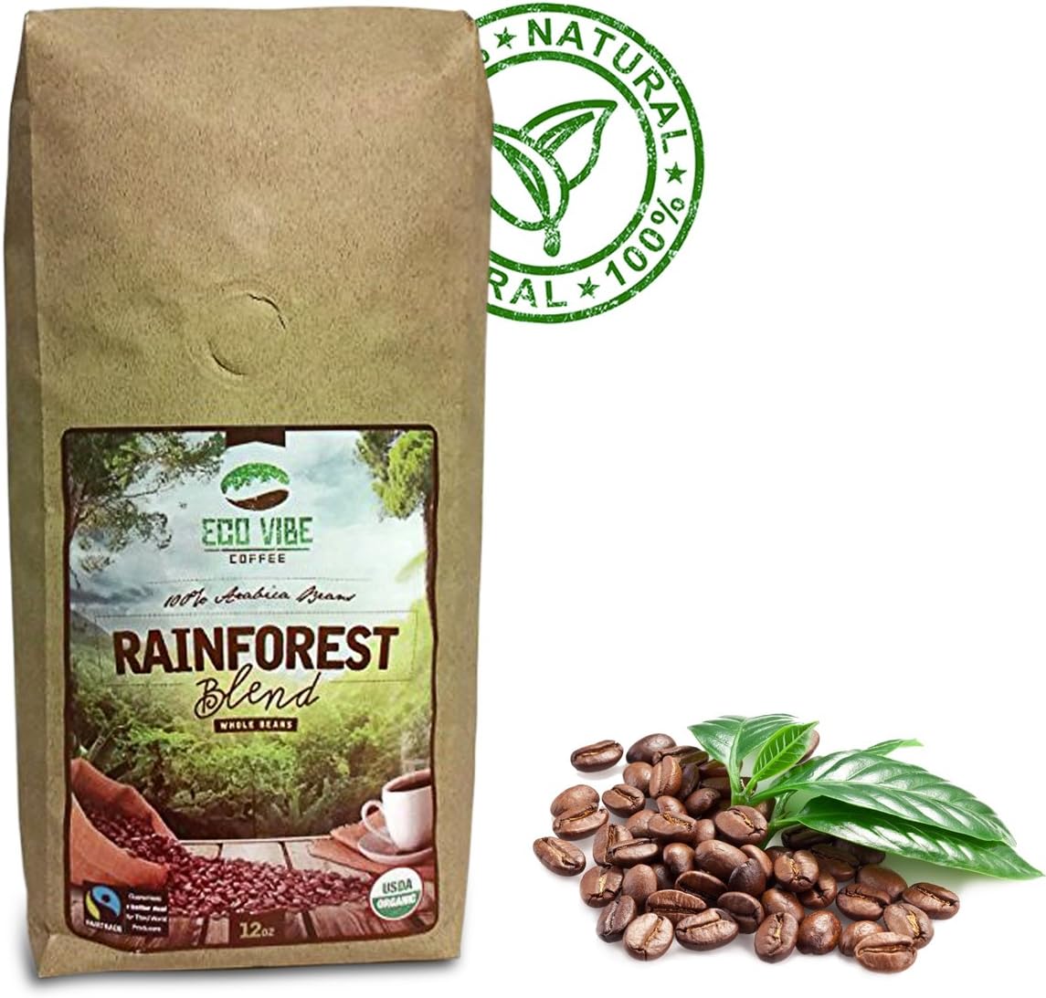 Eco Vibe Fair Trade Organic Coffee Beans 12oz, Light Medium Roasted Gourmet Coffee, Rainforest Blend.