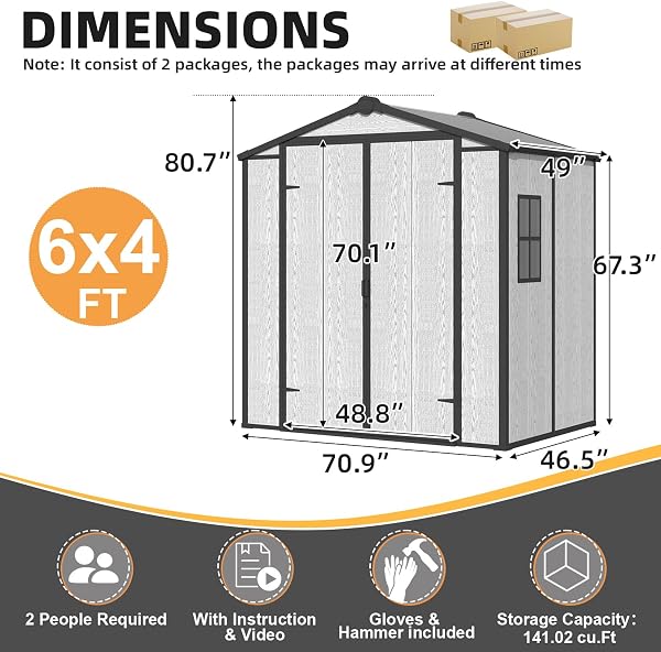 MELLCOM 6 x 4 FT Resin Outdoor Storage Shed with Floor, Outdoor Storage Tool Shed with Windows and Lockable Door, Resin Garden Shed for Bike, Garbage Can, Lawnmower - 2