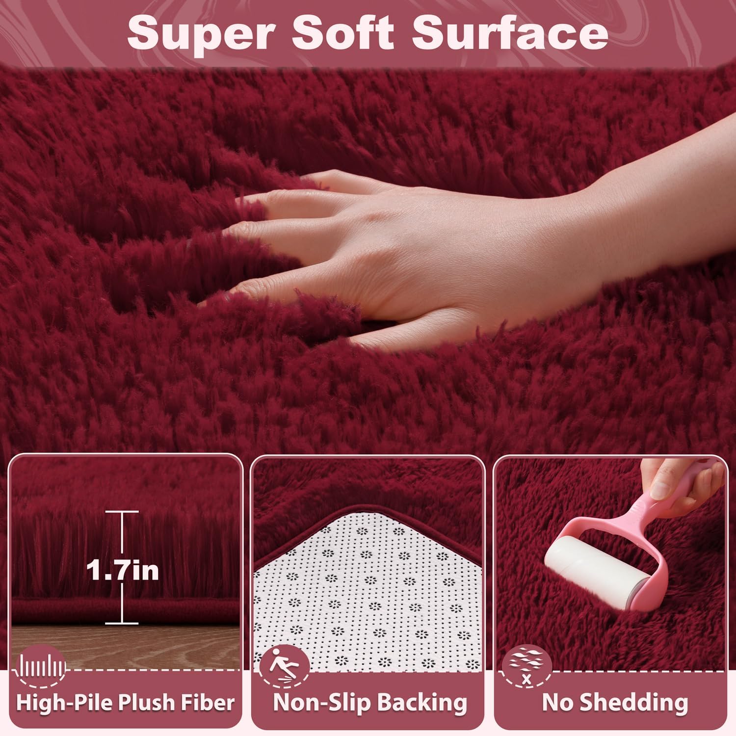 EVOIONOS Ultra Soft Area Rug for Bedroom, 4x6 Machine Washable Fluffy Shag Rug for Living Room, Plush Non Slip Carpet for Indoor Floor Bedside Nursery Kids Girls Dorm, Home Decor Aesthetic, Burgundy