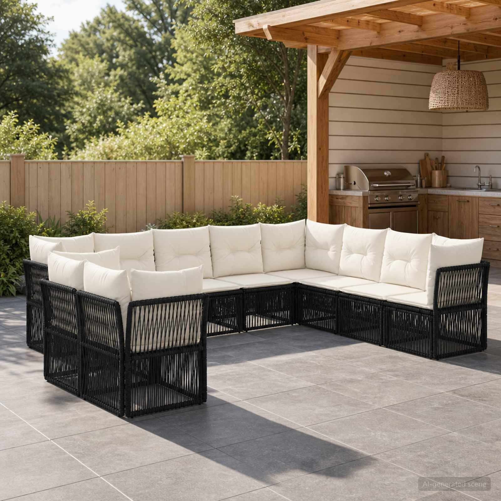 Conjunto de sofás de jardín 10 uds. Negro ratán sintético, Conjuntos de jardín, 82.93 kg-3434269