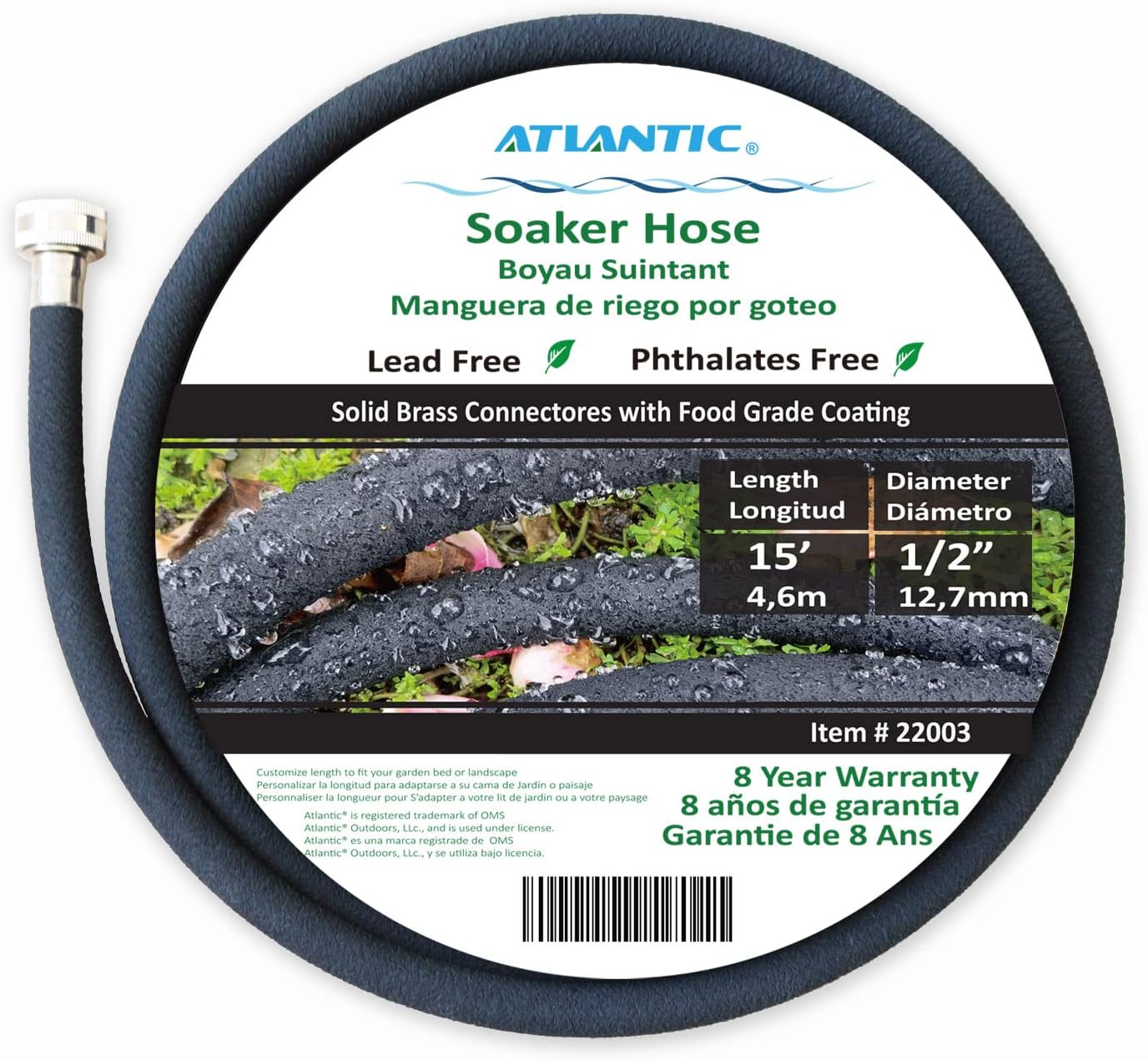 Atlantic Short Soaker Hose 15 FT x1/2" Garden Soaker Hose, Water Seeper Hoses for Foundation Watering, Garden Beds, Garden, Lawn and Plants-Solid Brass Connectors