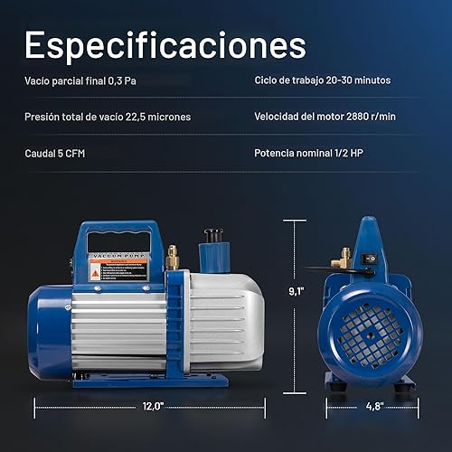 Miniatura 7 de VIVOHOME Bomba de vacío HVAC de 2 etapas y 110 V 12 HP 5CFM y kit de manómetro de CA de 4 vías con detector de fugas mangueras de 5 pies para R134a