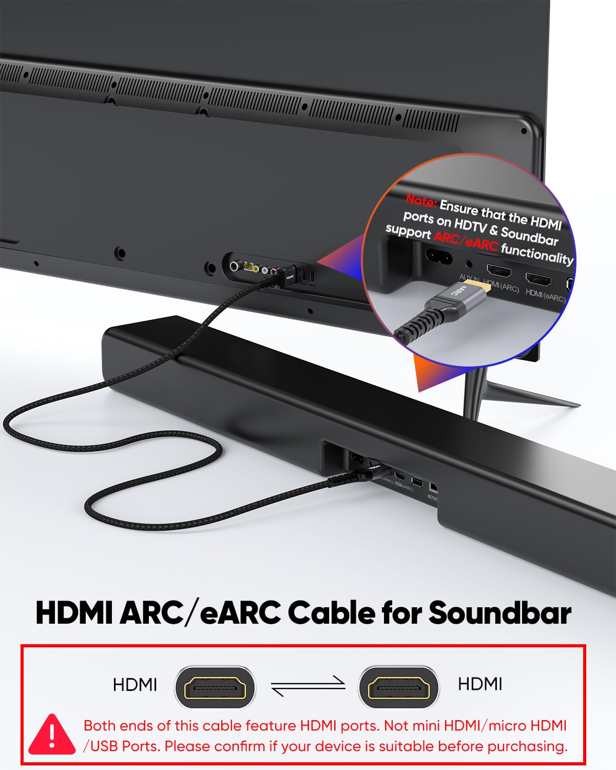 Cable HDMI ARC/eARC de 8K para barra de sonido a TV de 3.3 pies, cable HDMI eARC 2.1 48Gbps Ultra alta velocidad HDMI Cable Dolby Atmos 8K @60Hz, 4K @120Hz HDR 3D HDCP2.3 y 2.3 para barra de 2