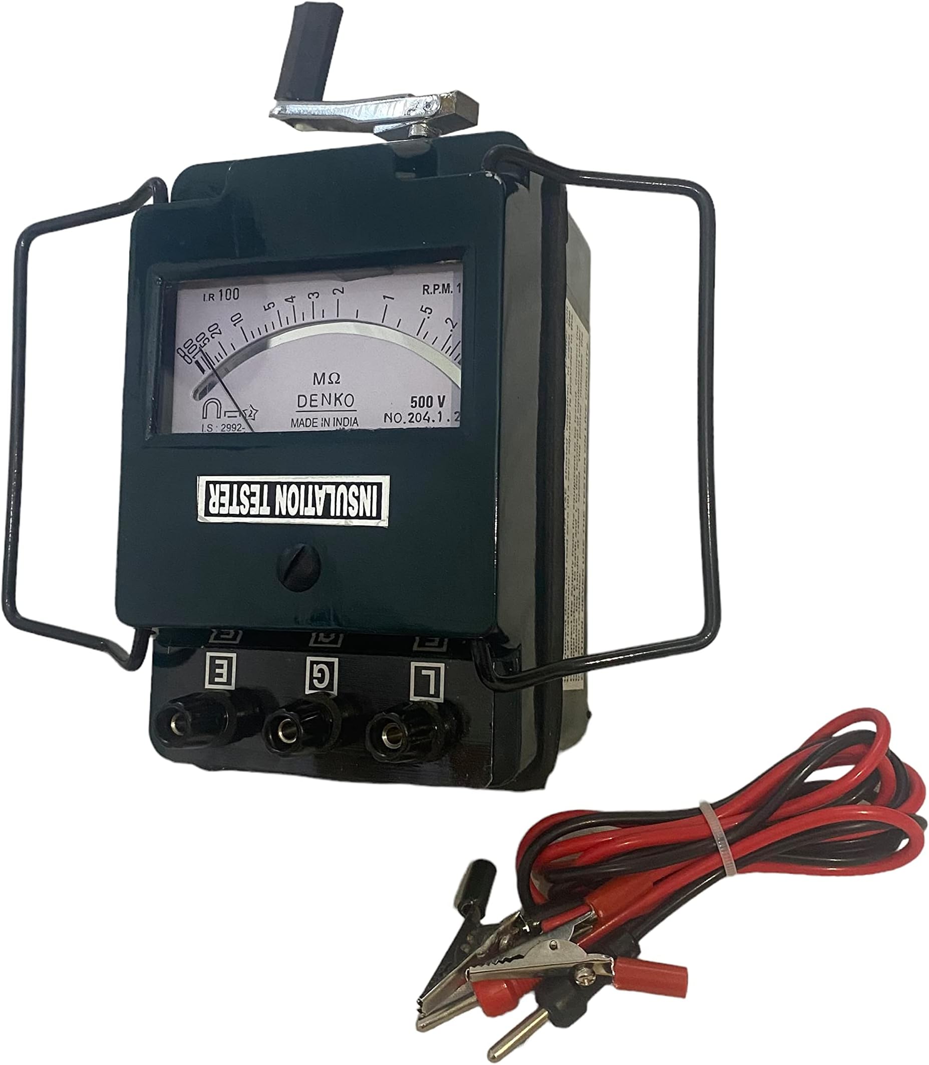 DENKO Insulation Tester/Megger/Insulation Resiatnce Tester 500V / 100 MOhm(MΩ) Analog Insulation Tester Generator Type Hand Driven with One Year Warranty