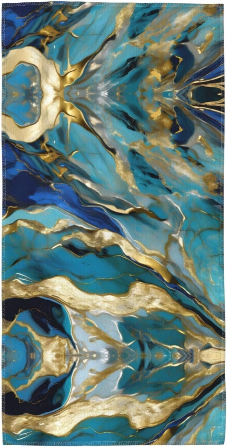 Azurite Teal and Foil Gold Oil Marble Pattern Print Hand Towels for Kitchen, Decorative Bathroom Towels Decor Farmhouse Cute for Men Women Gifts