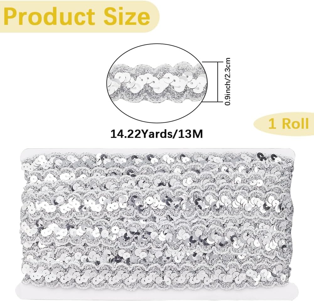 14.22 Yards Silver Sequin Trim Flat Sequins Beaded Strip Rick Rack Wave Woven Braid Trimming Metallic Glitter Braid RIC Rac Ribbon for Sewing Making Craft Choker Wedding Home Decor Supply
