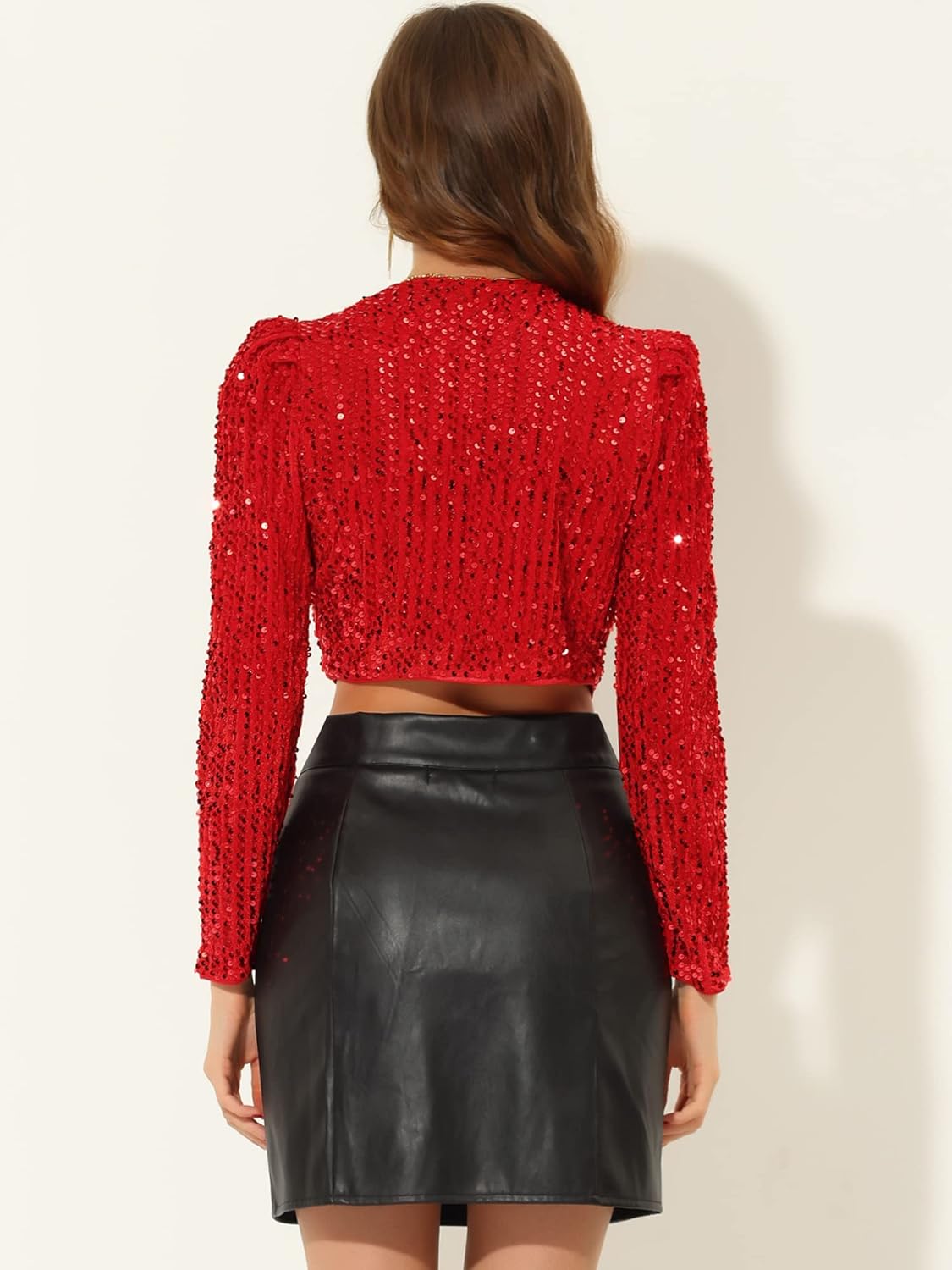 Allegra K Women's Sequin Shrug Open Front Collarless Glitter Sparkly Crop Blazer Jacket